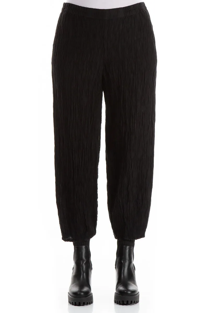 Stretchable Waist Elegant Taper Crinkled Black Silk Trousers