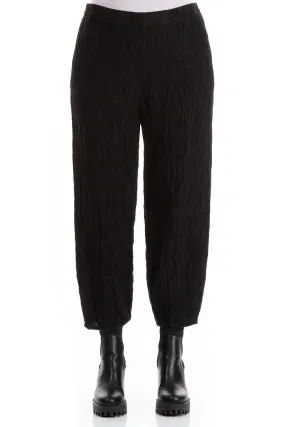 Stretchable Waist Elegant Taper Crinkled Black Silk Trousers