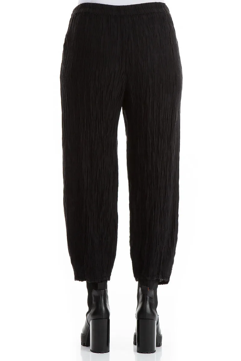 Perfect Pair Relax Mode Elegant Taper Crinkled Black Silk Trousers
