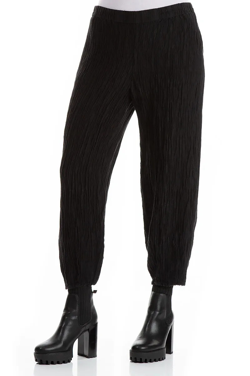 Elegant Taper Crinkled Black Silk Trousers Non Restrictive Fit
