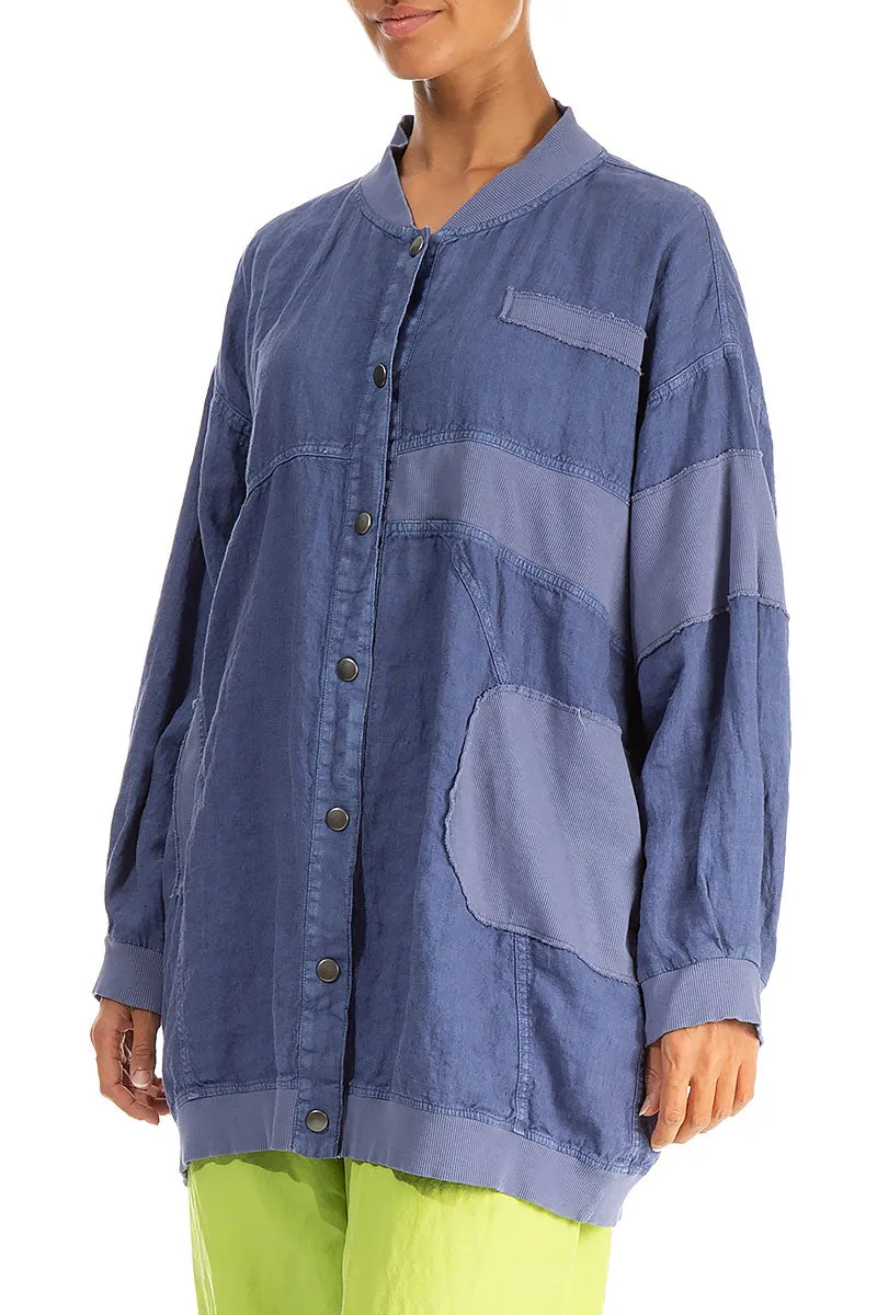 Non Restrictive Cut Loose Blue Off-Dye Linen Bomber Jacket