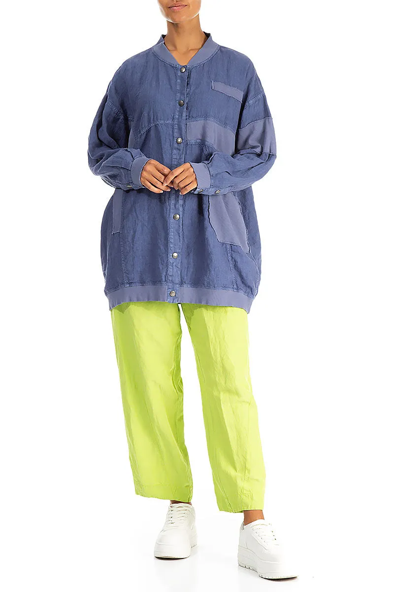 Loose Blue Off-Dye Linen Bomber Jacket Anti Pill Surface