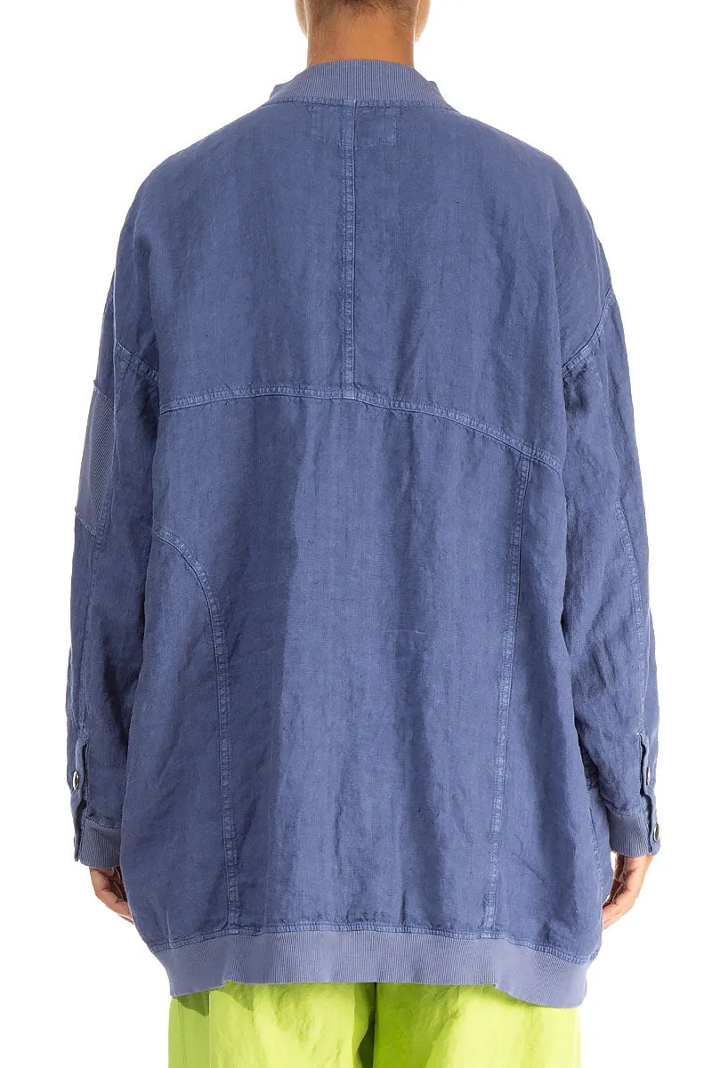 Clean Silhouette Loose Blue Off-Dye Linen Bomber Jacket