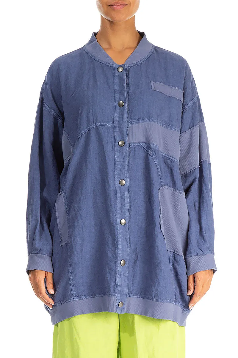Loose Blue Off-Dye Linen Bomber Jacket Quick Dry Material