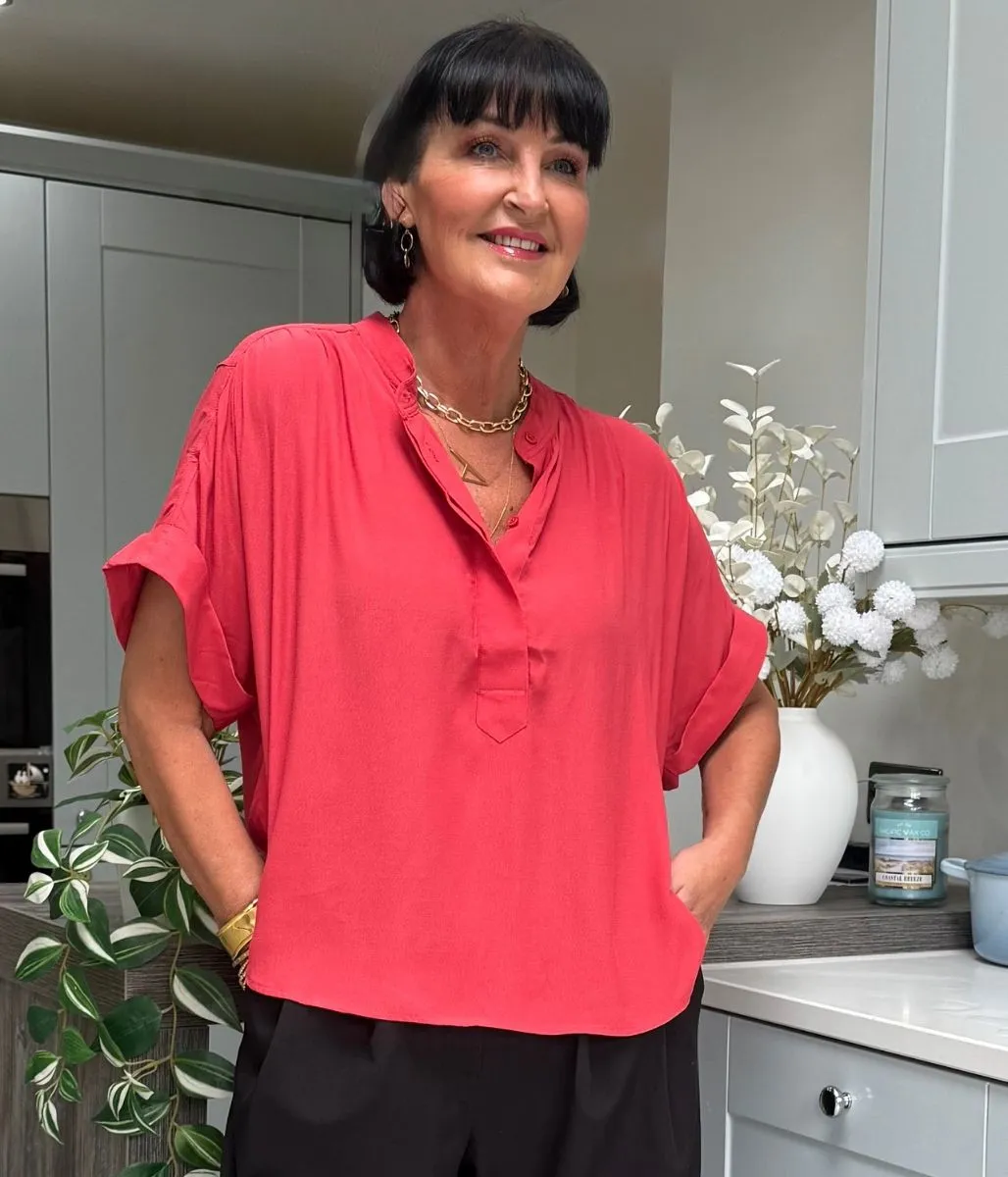 Teacher Chic Red Anika Oversized Short Sleeve Blouse