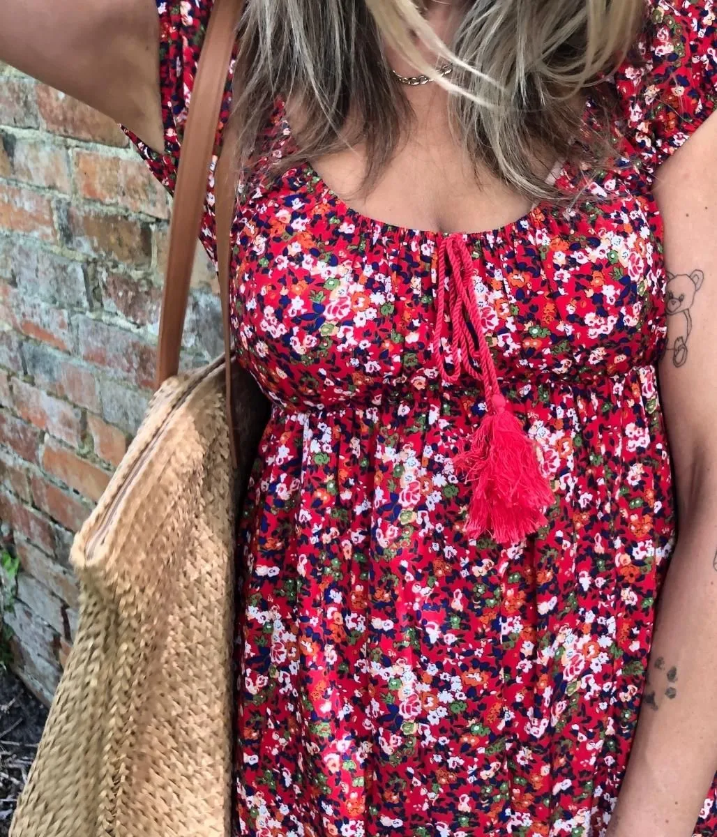 Red Ditsy Scoop Neck Dress Unique Cut Dreamy Flow