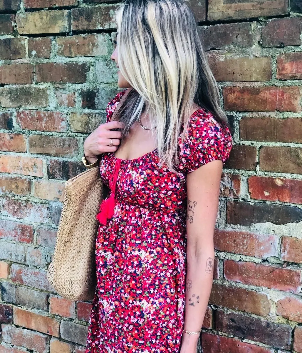 Red Ditsy Scoop Neck Dress Mood Casual Zip-Closure