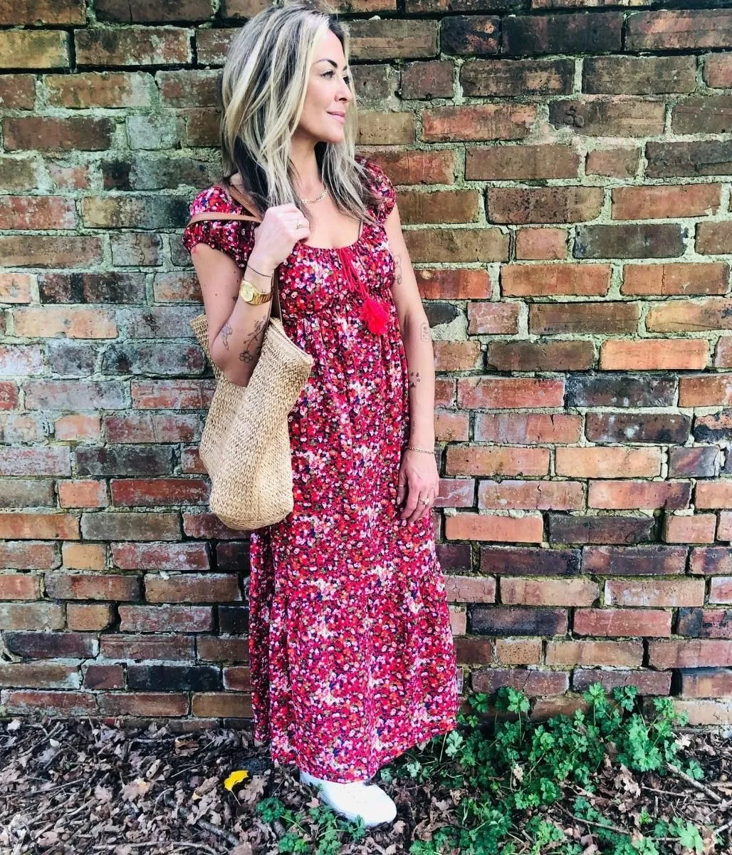 Pure Motion Mid Season Red Ditsy Scoop Neck Dress