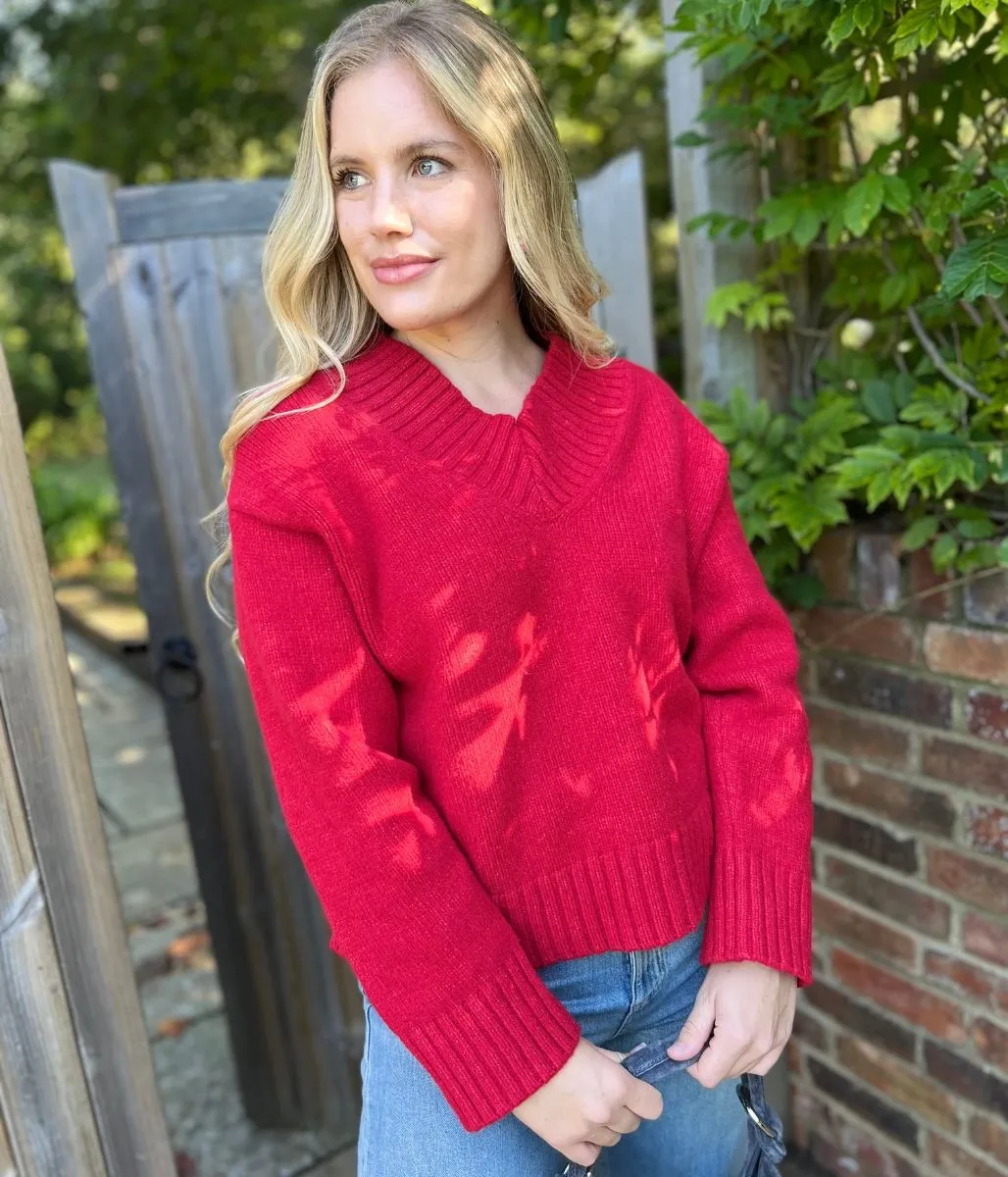 Casual Ease Red V Neck Knitted Jumper