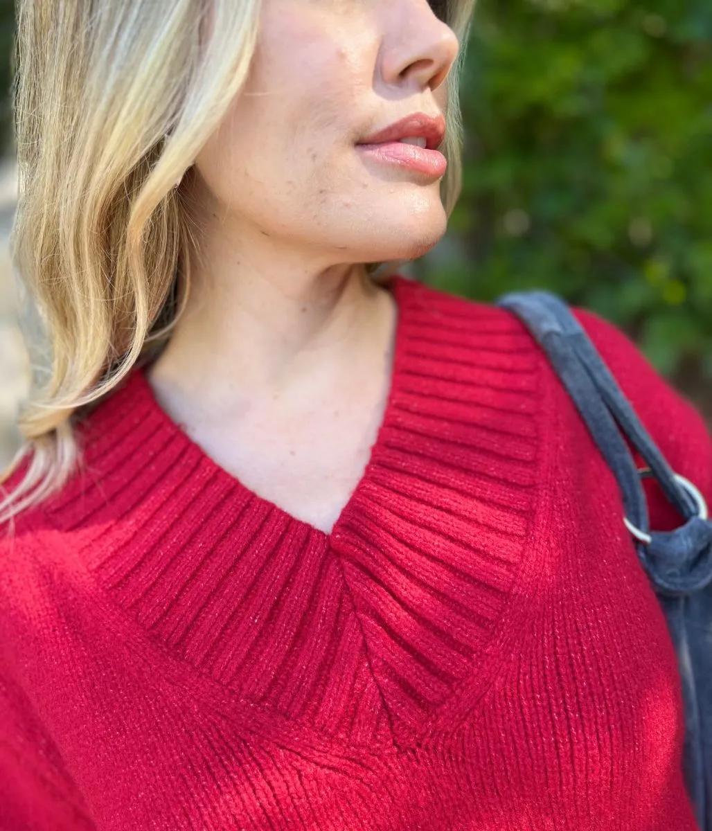 Red V Neck Knitted Jumper Chilly Day Outfit Quick Change