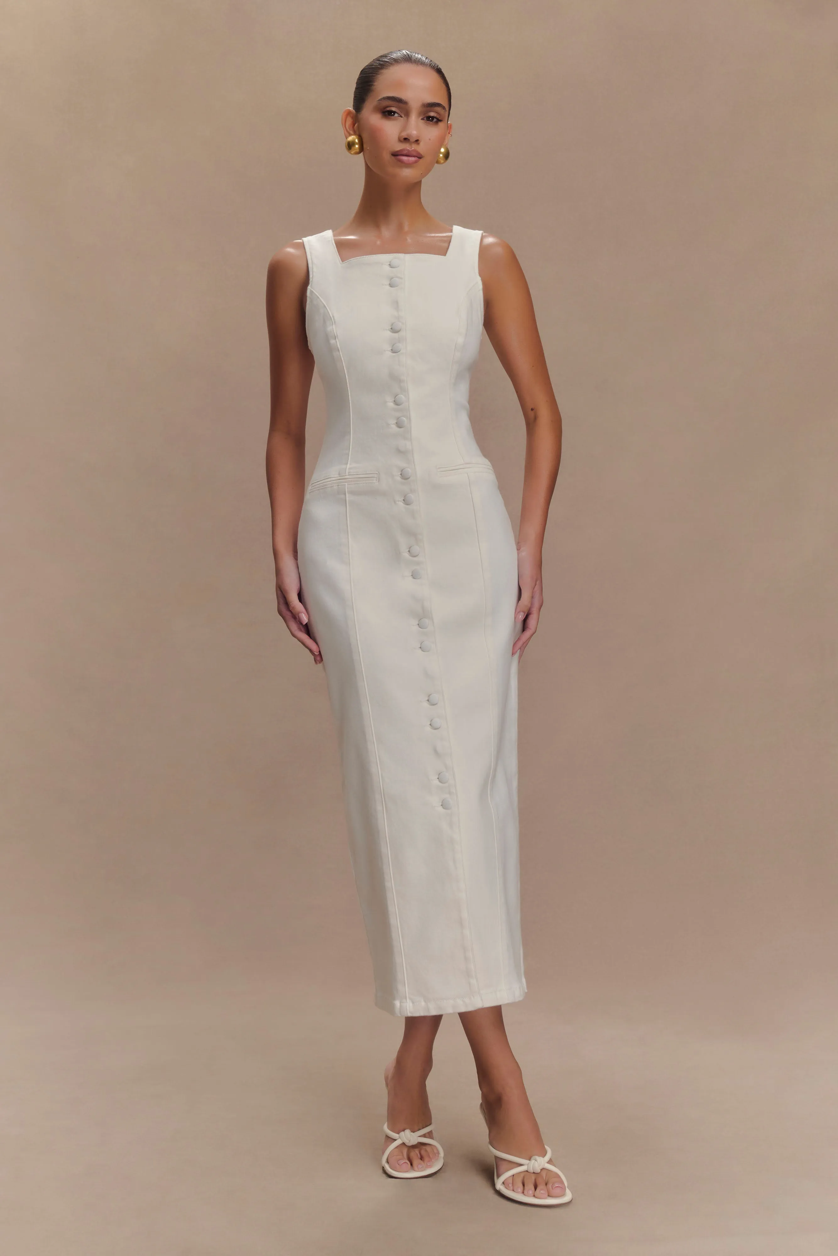 Balloon-Sleeve Luxe Look Reyna Denim Midi Dress - White
