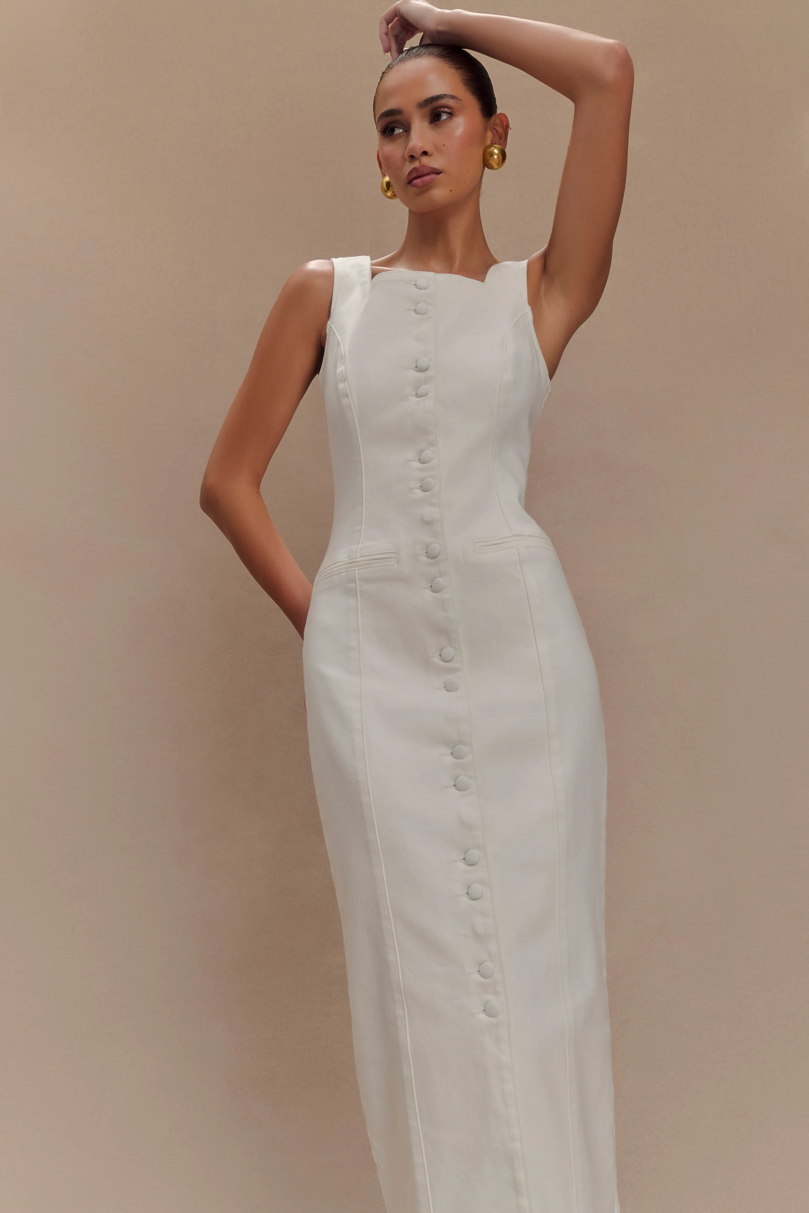 Lightweight-Lining Reyna Denim Midi Dress - White