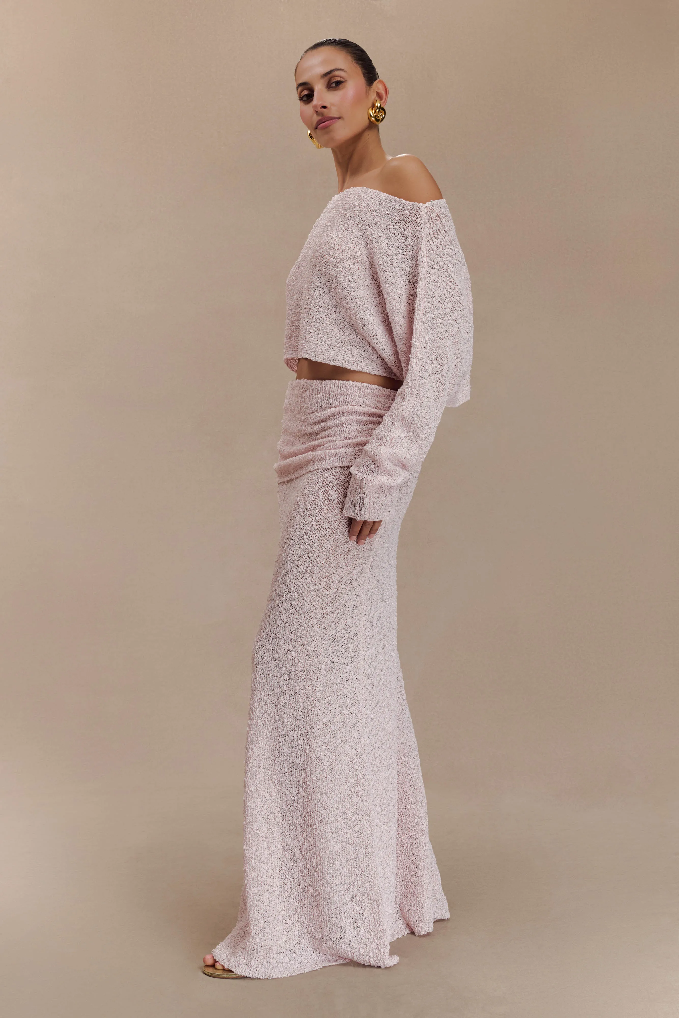 Comfort Focused Quick Dry Fit Petra Ruched Knit Maxi Skirt - Misty Rose