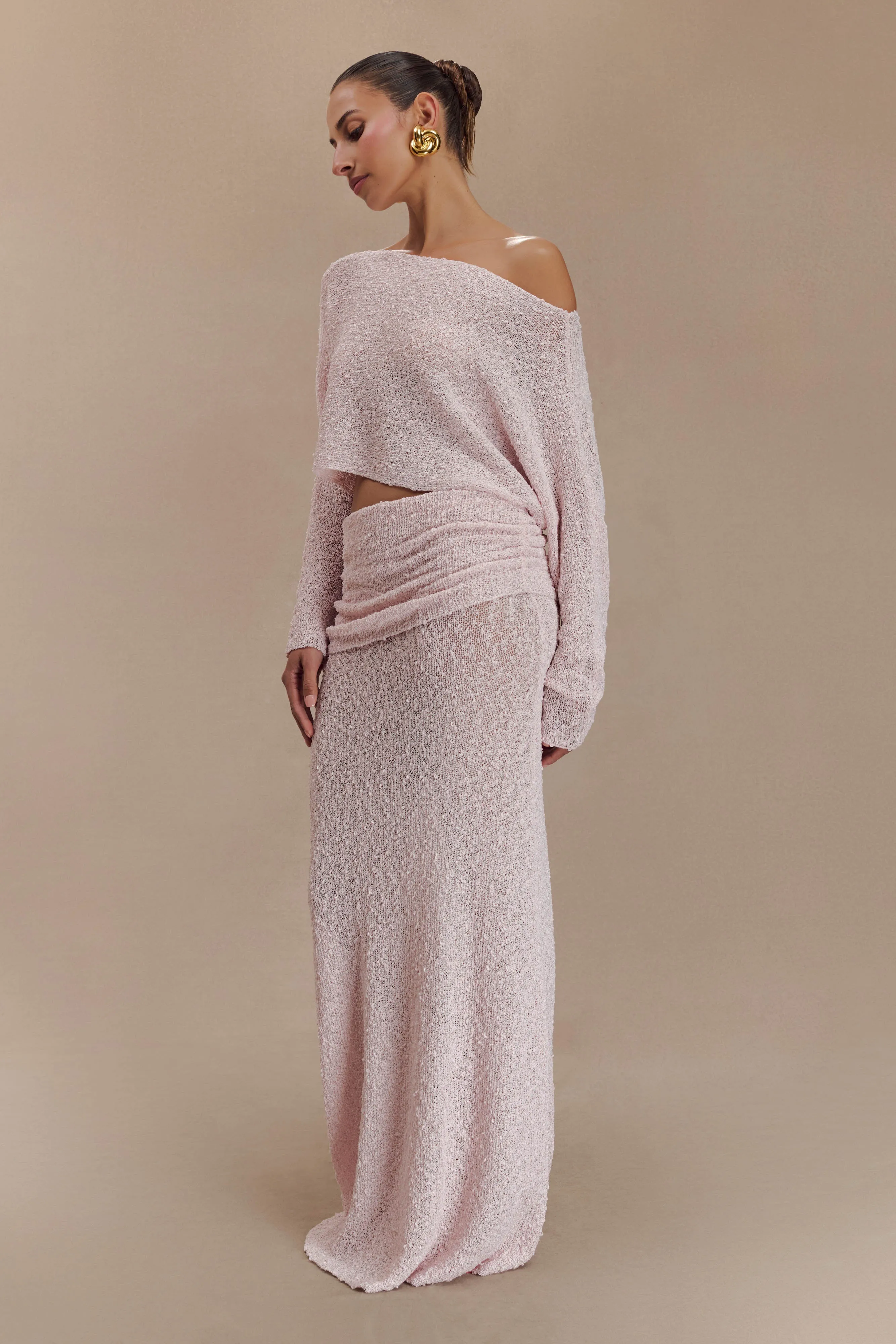 Rayon drape NonBindingWaistline Petra Ruched Knit Maxi Skirt - Misty Rose