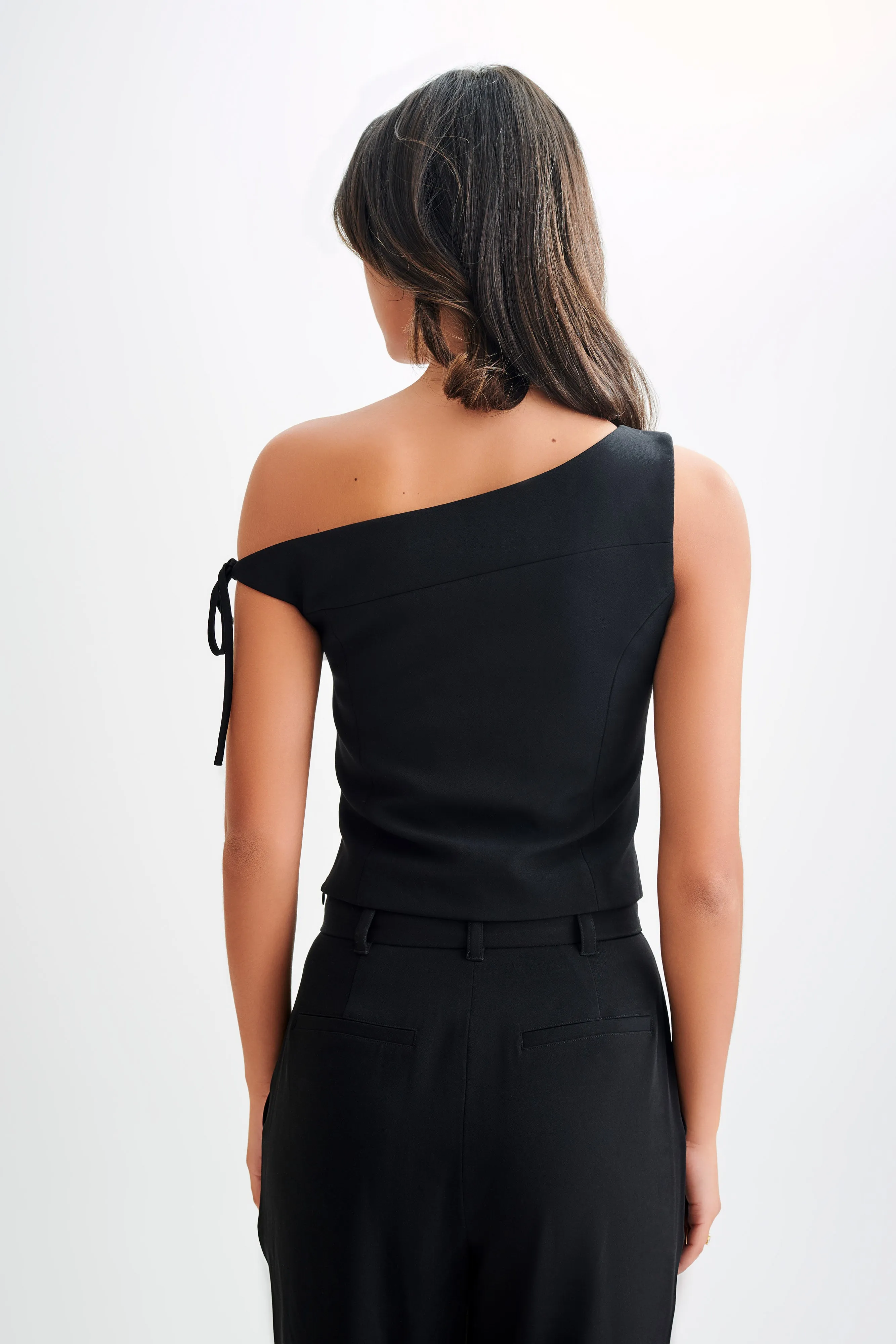 Garment Washed Finish Interlock Stitch Detail Ramsey Suiting Off Shoulder Top - Black