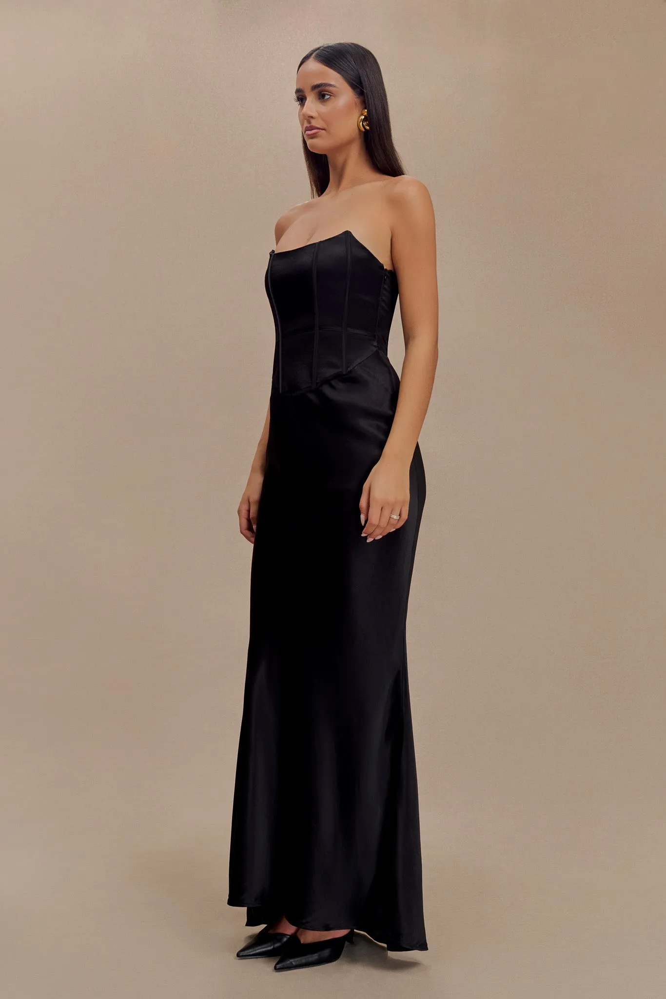 Harlow Satin Strapless Maxi Dress - Black Flexible Fabric Gathered-Detail