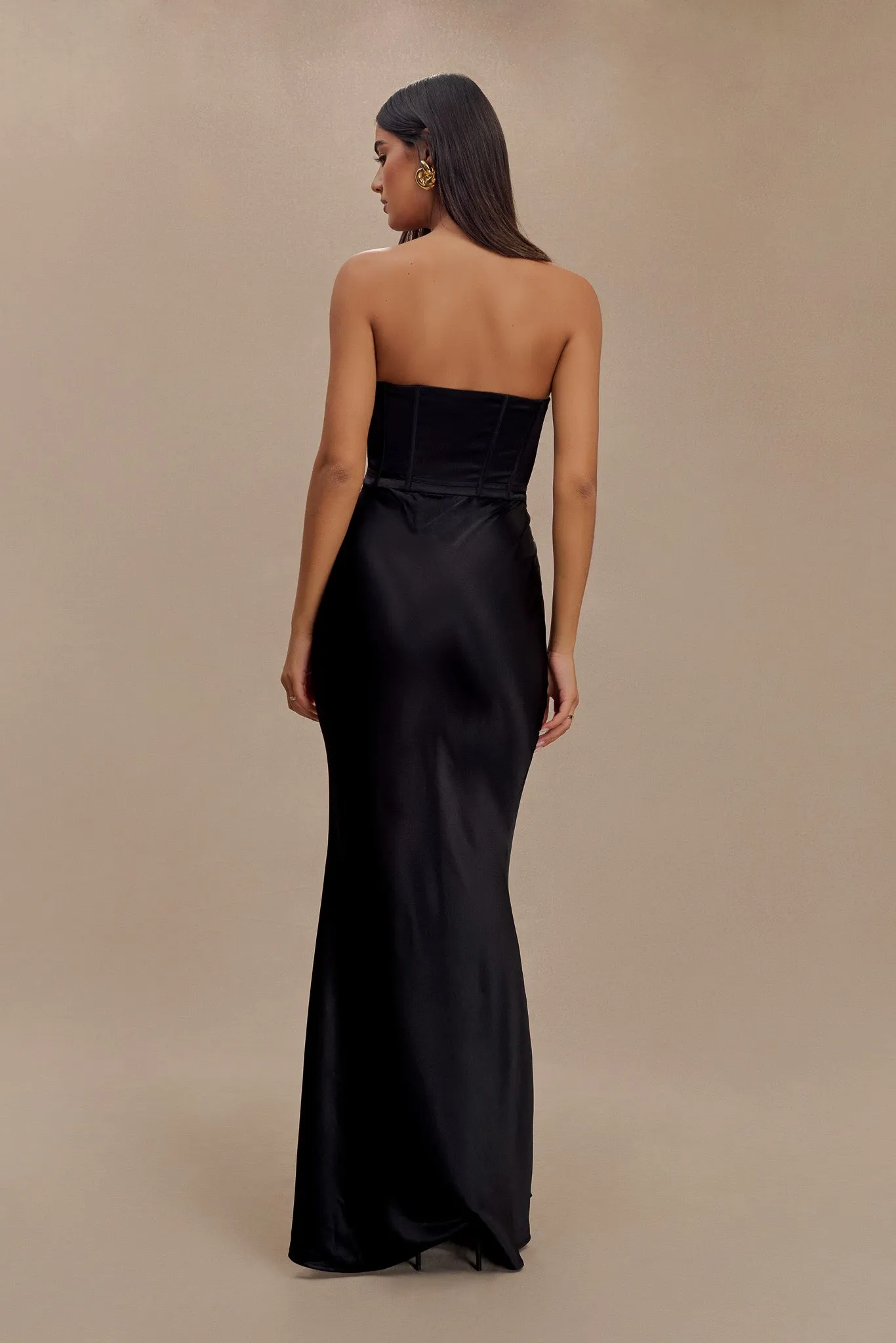 Halter-Neck Harlow Satin Strapless Maxi Dress - Black