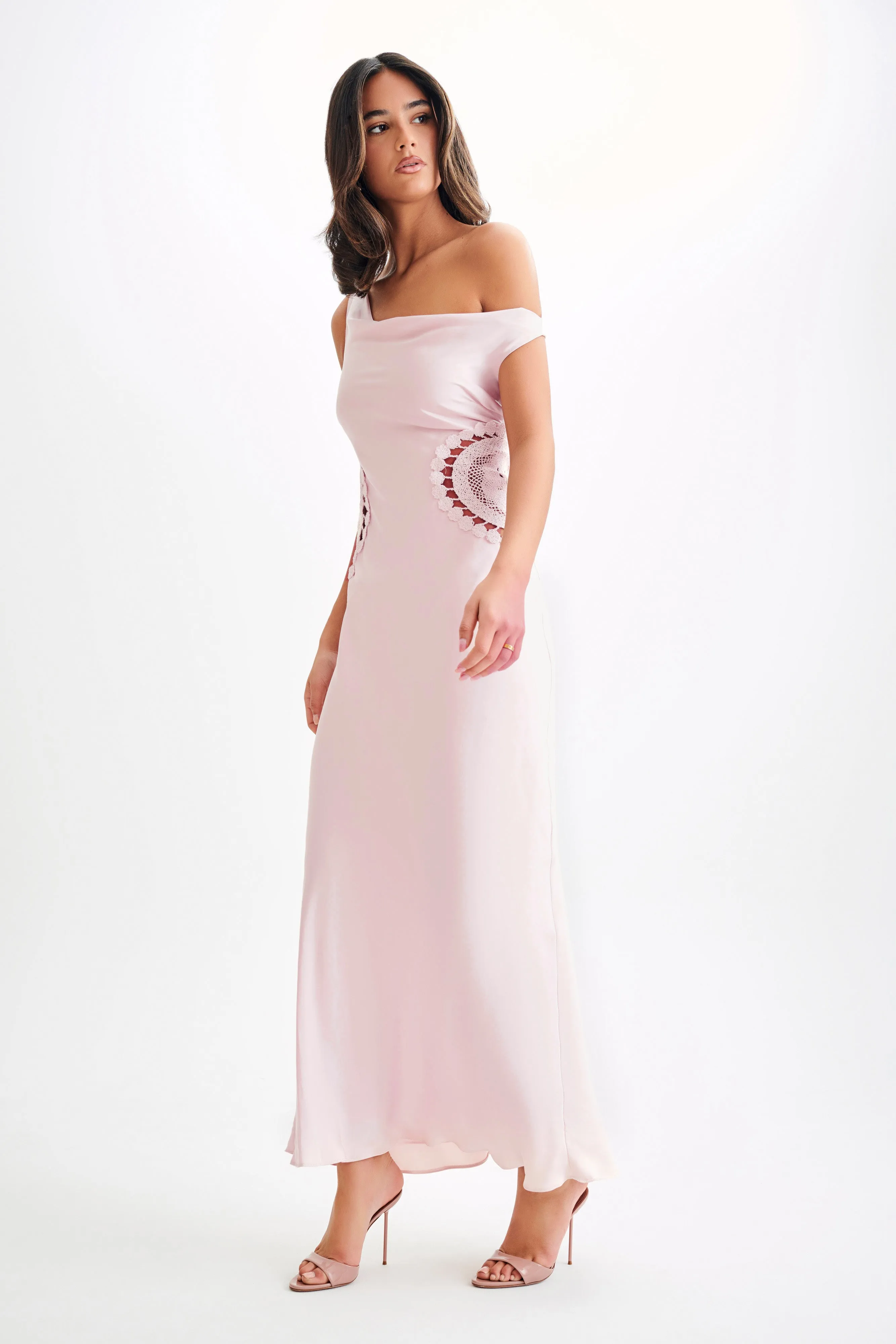 Kristina Satin Maxi Dress With Crochet - Pale Pink Classy Look effortless grace