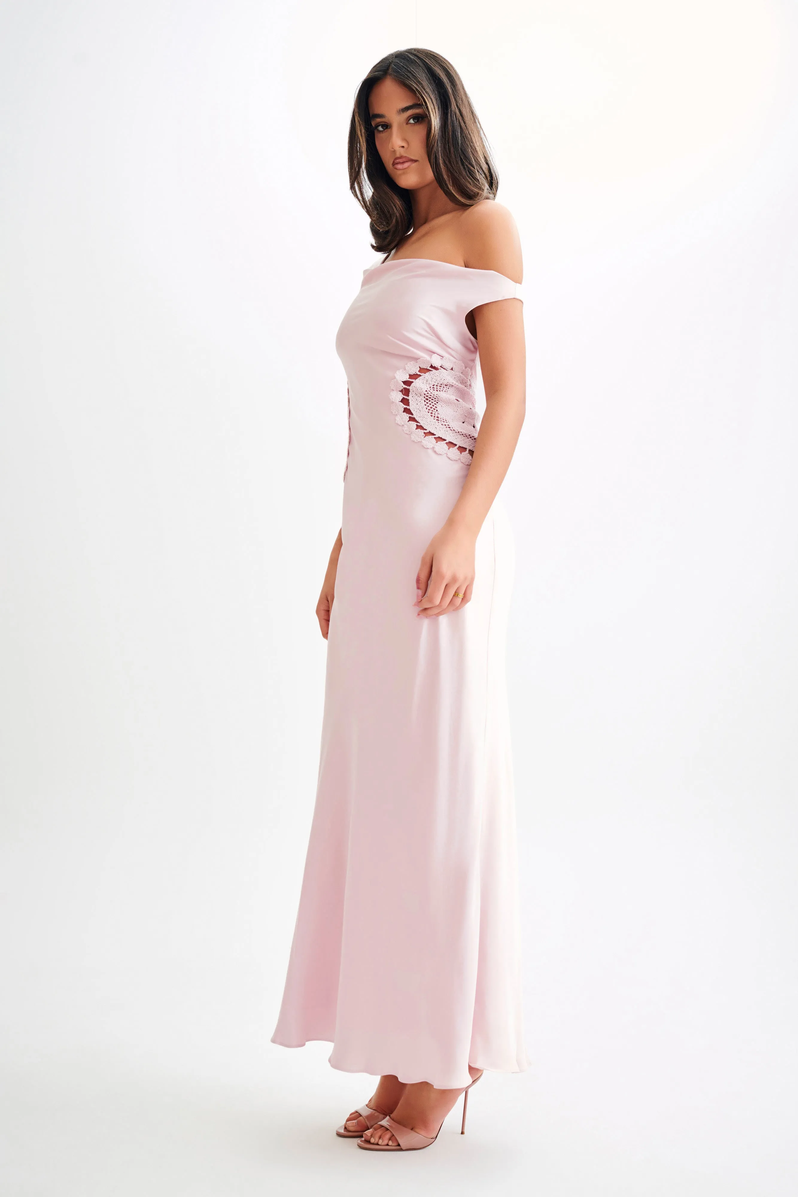 Grace Glow Kristina Satin Maxi Dress With Crochet - Pale Pink