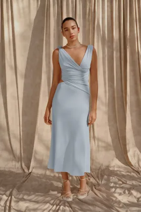 Raleigh Asymmetrical Slinky Midi Dress - Pale Blue Ready Glow