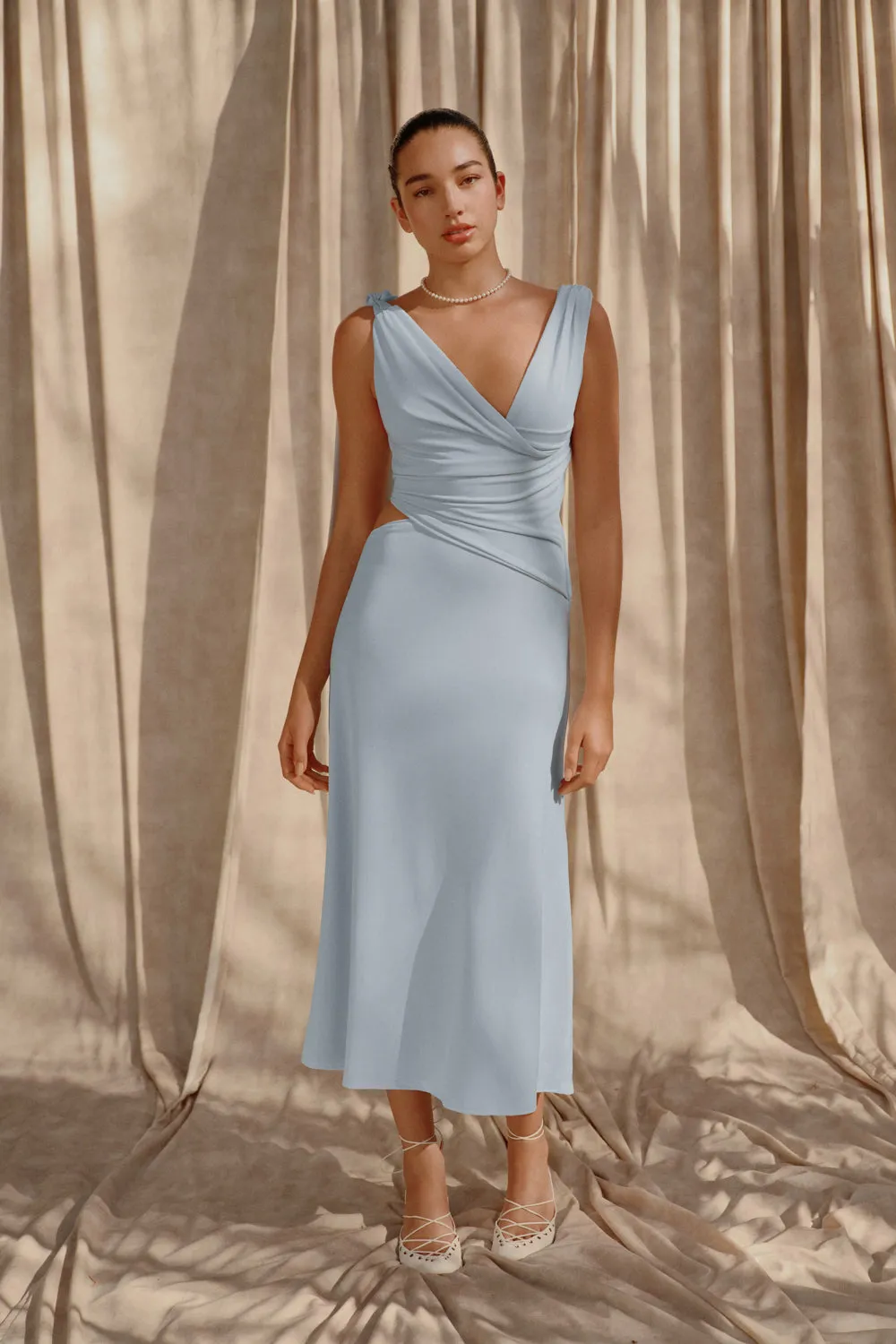 Raleigh Asymmetrical Slinky Midi Dress - Pale Blue Ready Glow