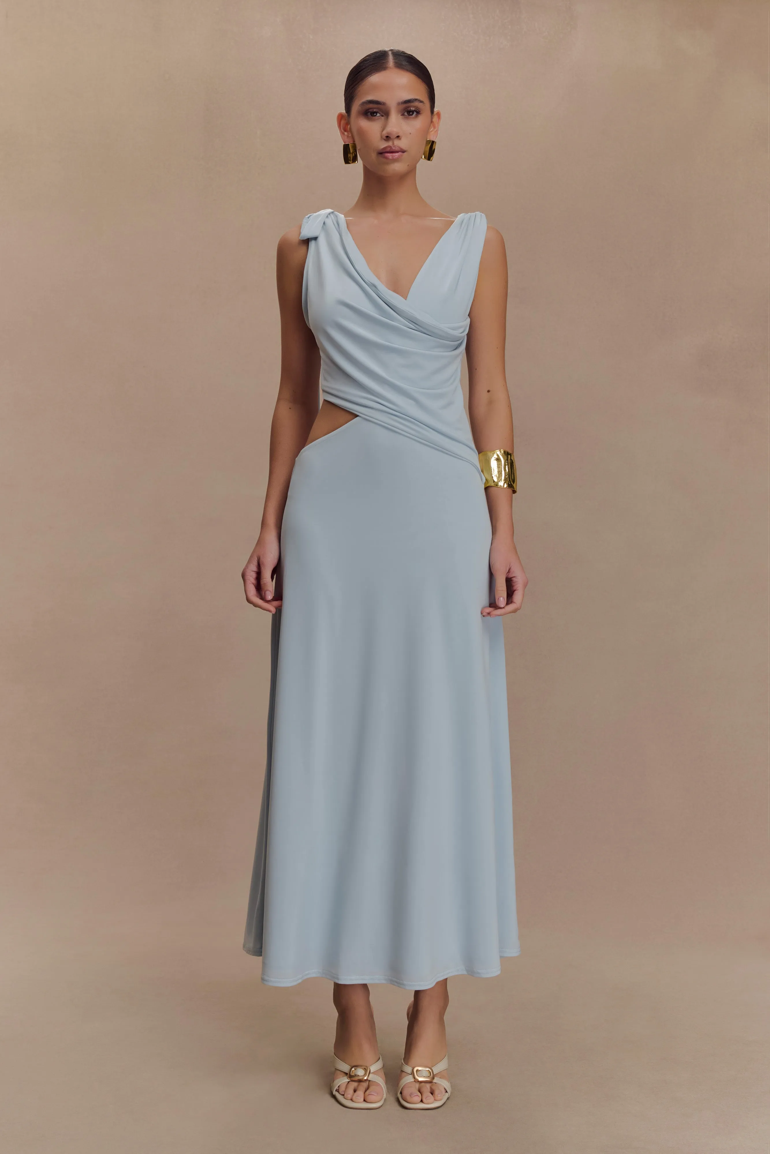 Pure Vibes Stylish Pick Raleigh Asymmetrical Slinky Midi Dress - Pale Blue