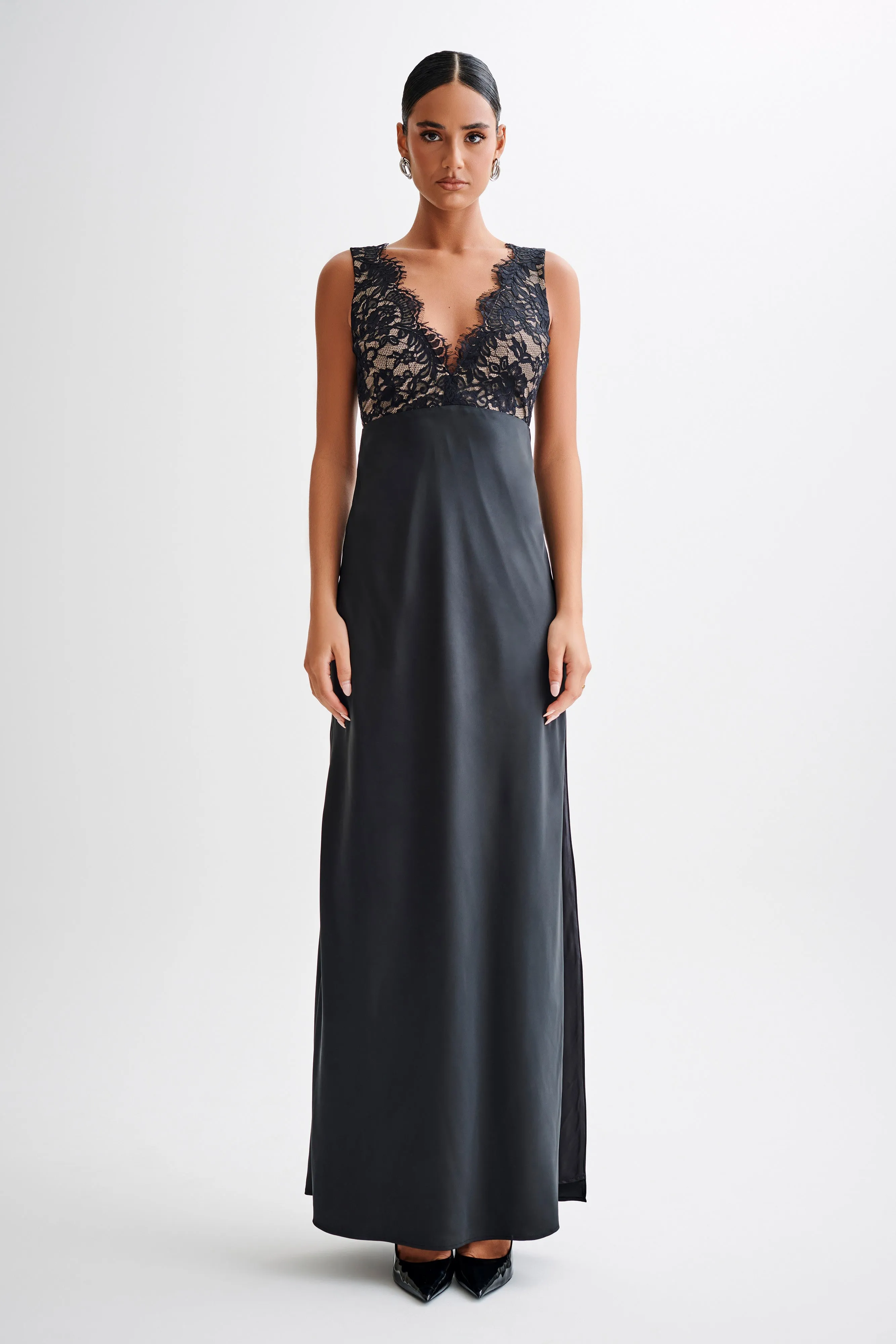 Fit Vibe Smart And Comfortable Ricci Satin And Lace Maxi Dress - Black