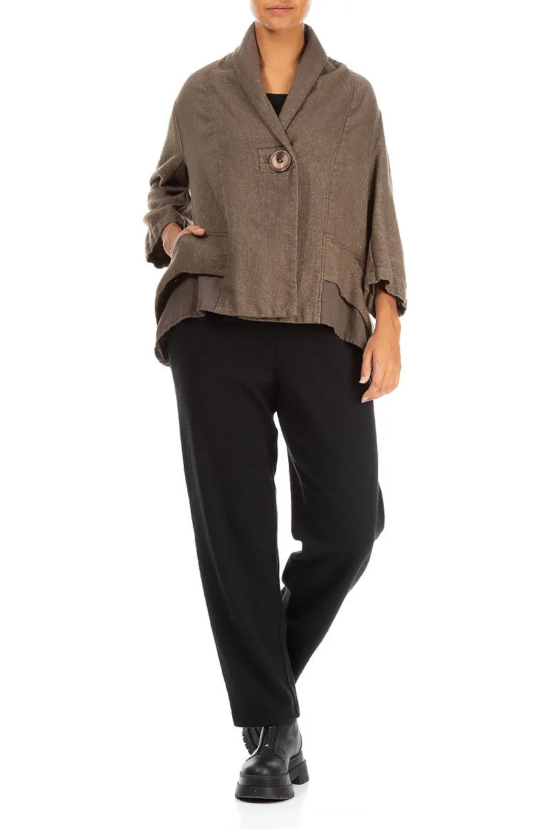 Flexible Hem Adjustment Quilted Pattern Single Button Brown Wool Linen Jacket
