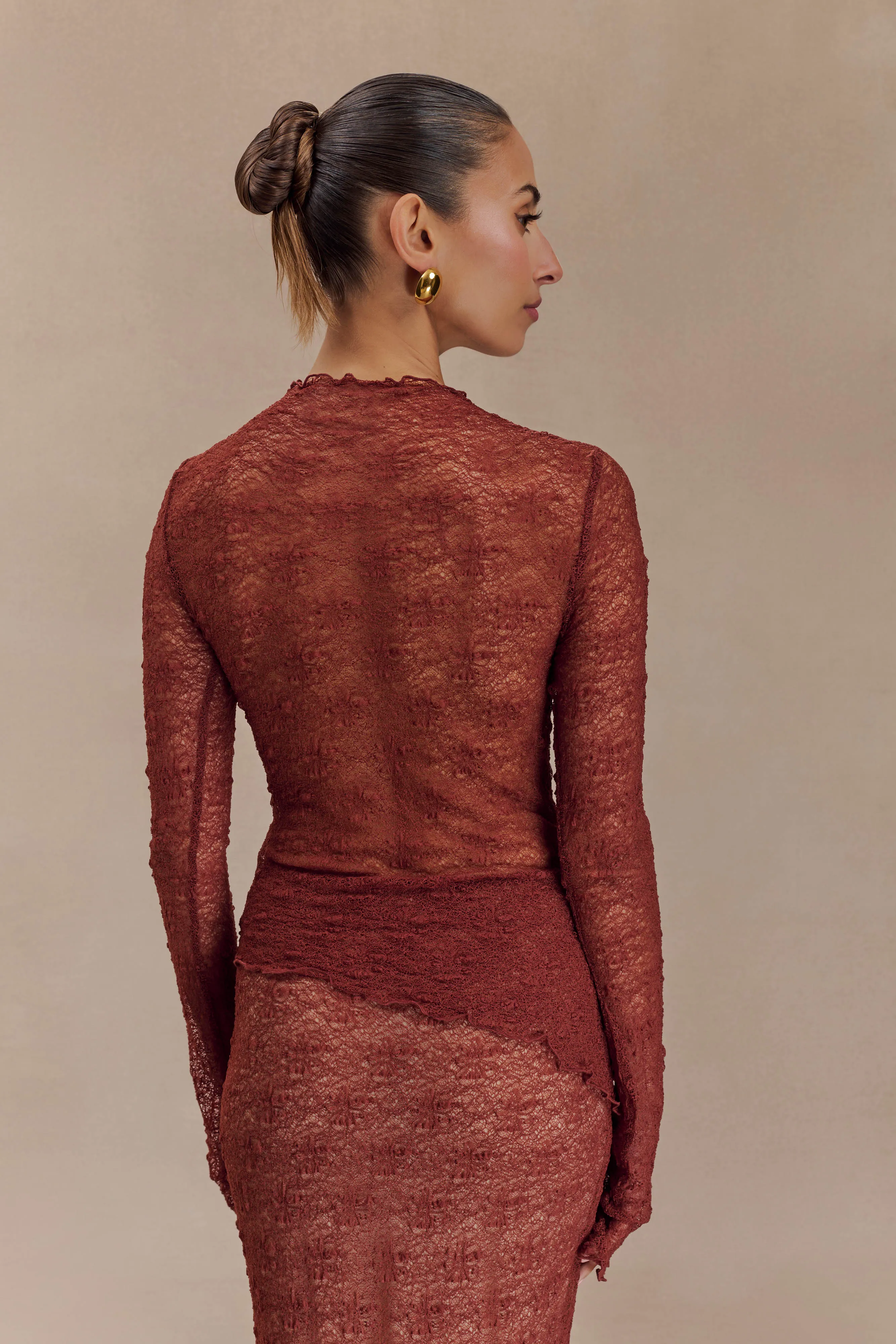 Riley Sheer Lace Long Sleeve Top - Chilli Layered Ply Construction Anti Microbial Lining