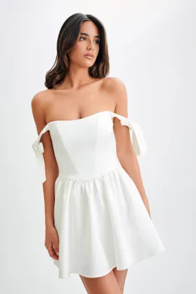Rita Satin Mini Dress With Bow Sleeves - White Sharp Finish Fitted Mood