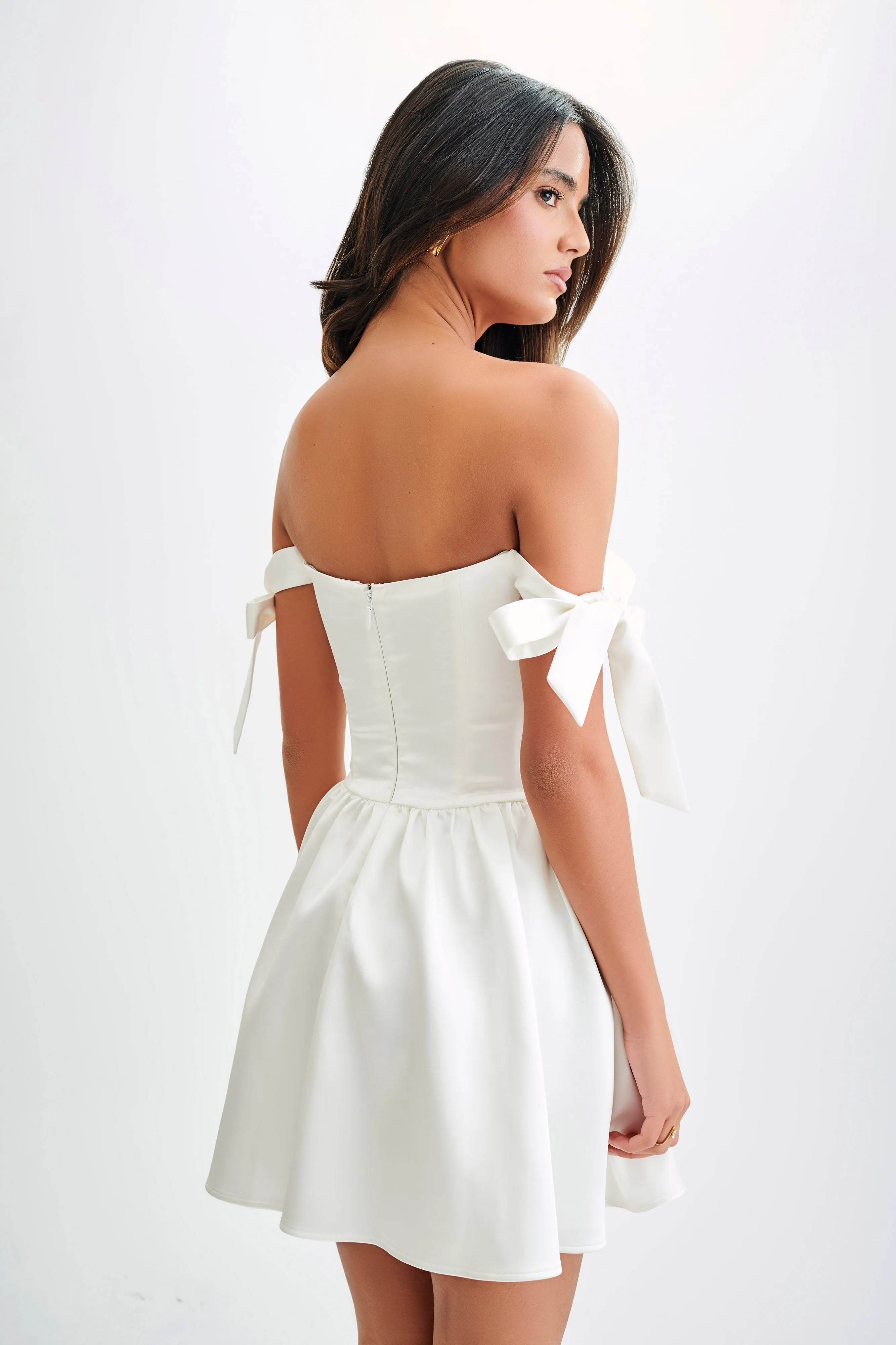 Rita Satin Mini Dress With Bow Sleeves - White Grace Vibe Gentle Aesthetic