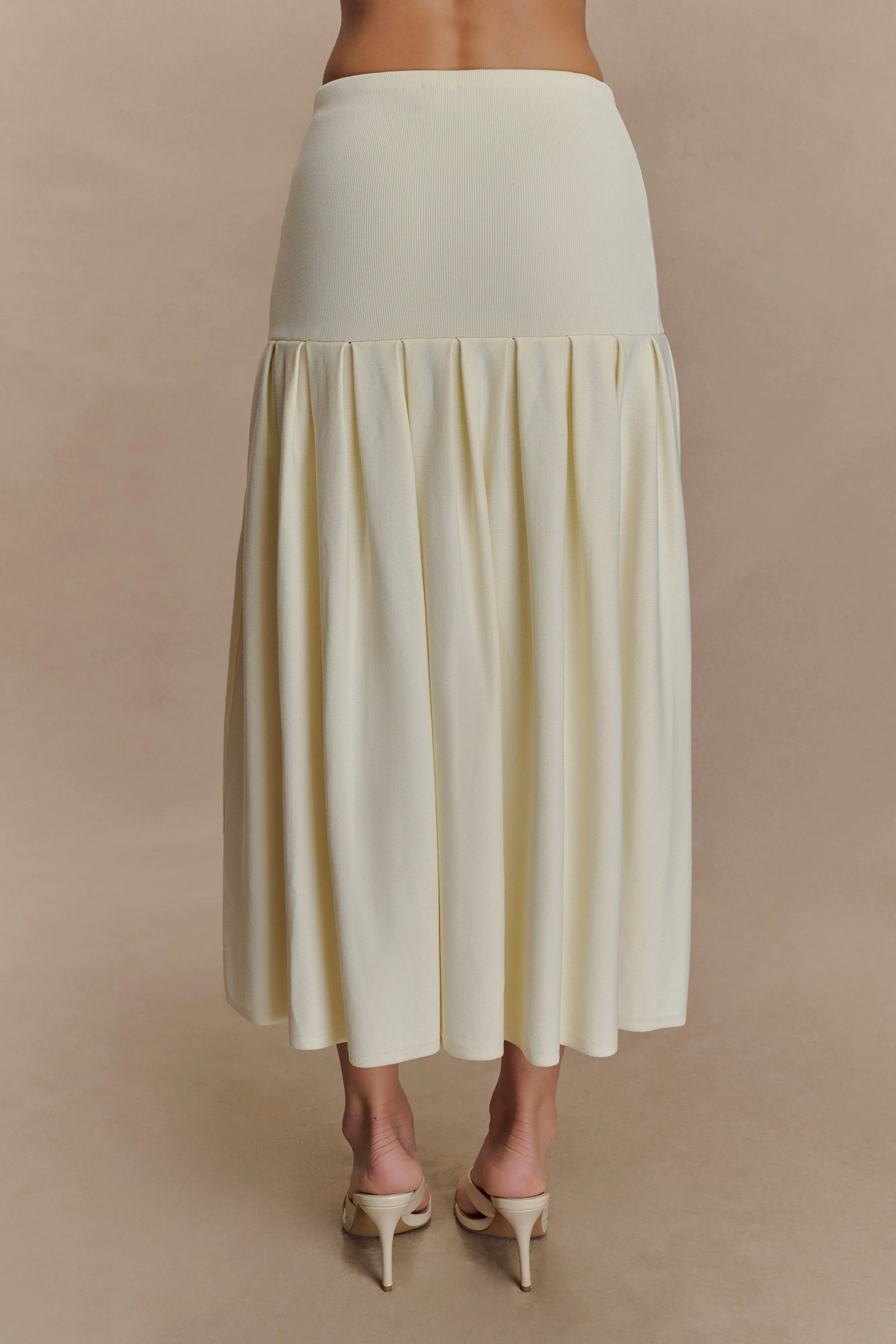 Romaine Bandage Knit Midi Skirt - Ivory Back pockets Double Layered Hem