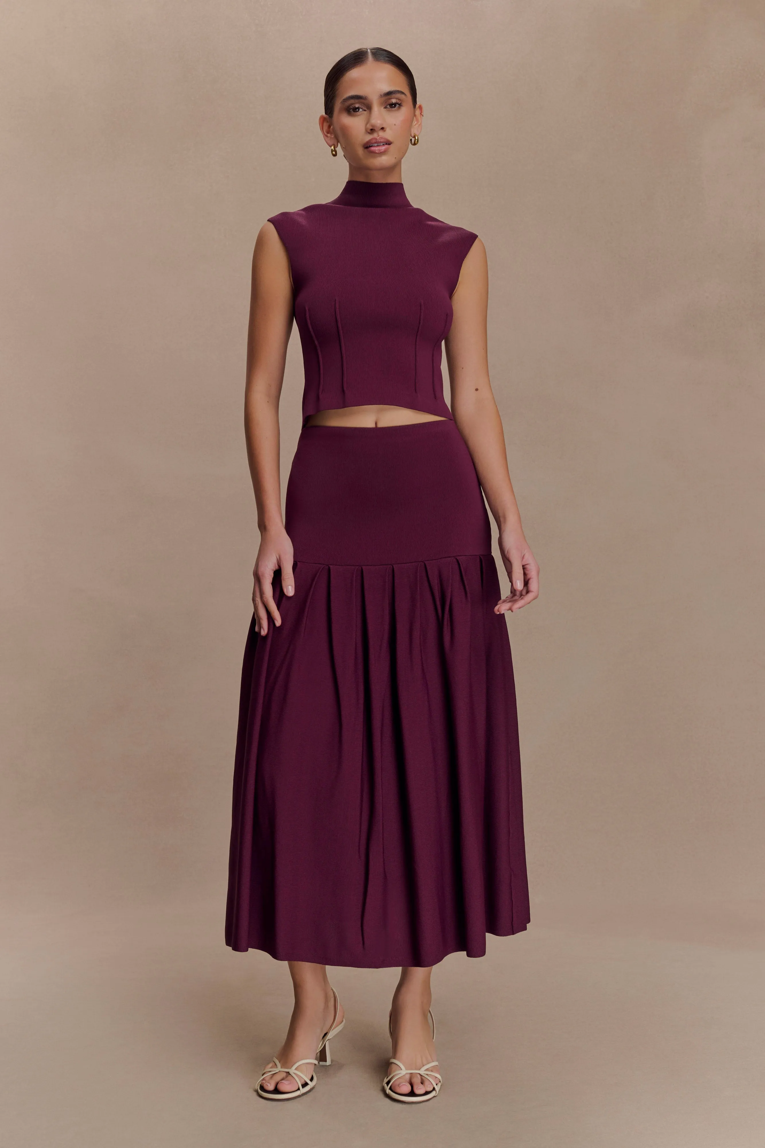 Romaine Bandage Knit Midi Skirt - Wine Essential Look Light Shape