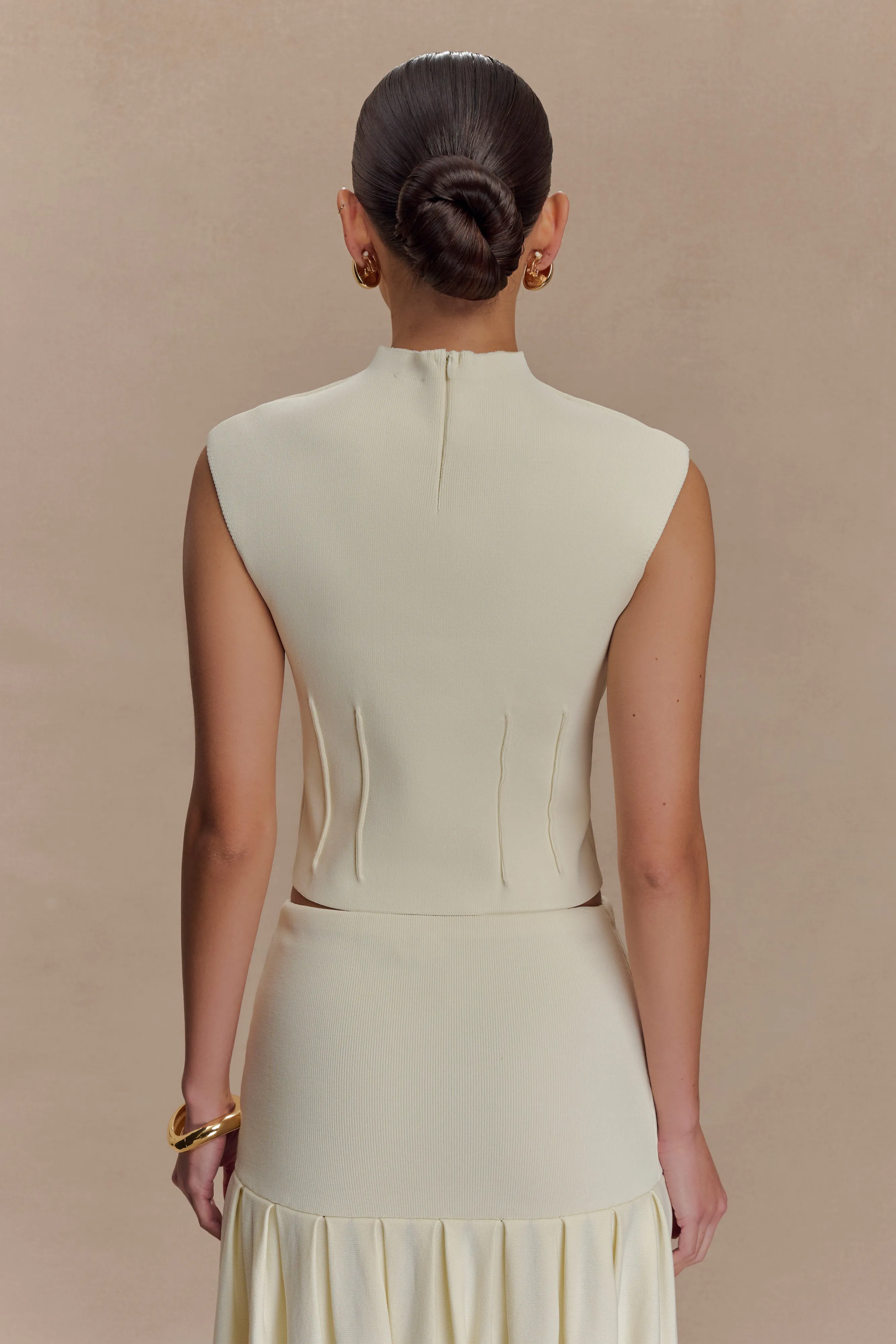 Reinforced Hems Romaine High Neck Bandage Knit Top - Ivory