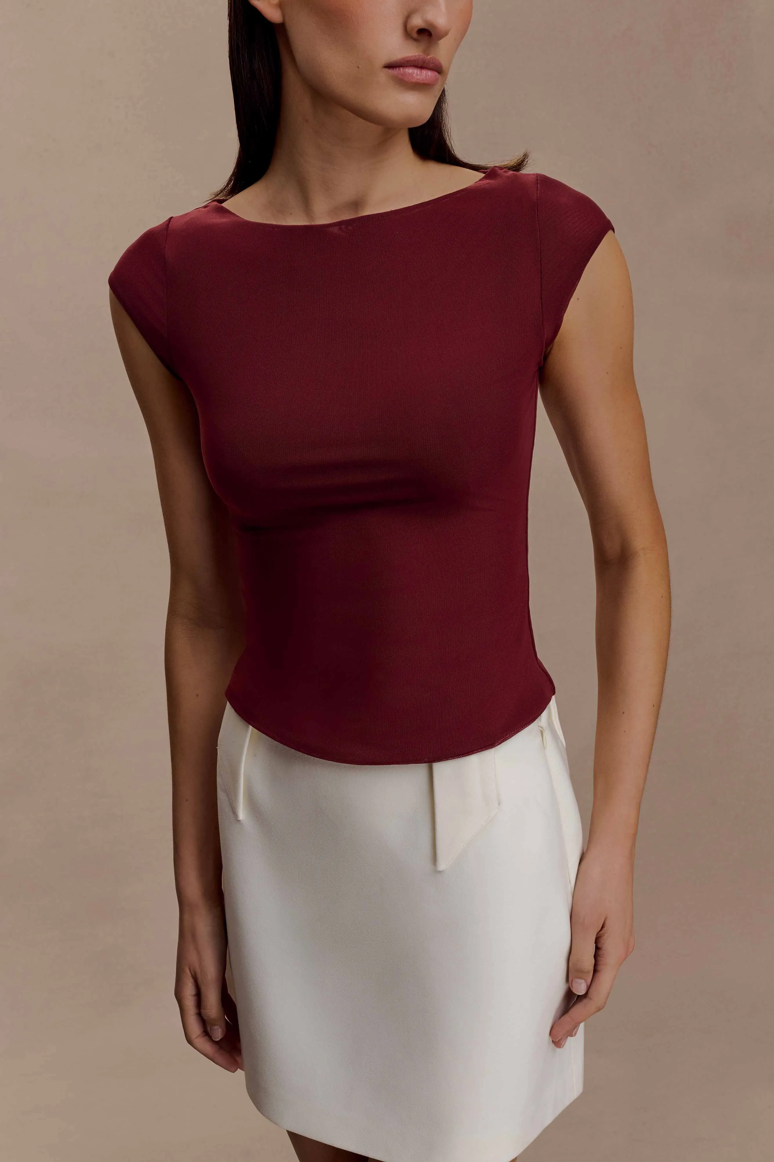 Romana Short Sleeve Mesh Top - Burgundy Curved Hemline LightweightLayeringSystem