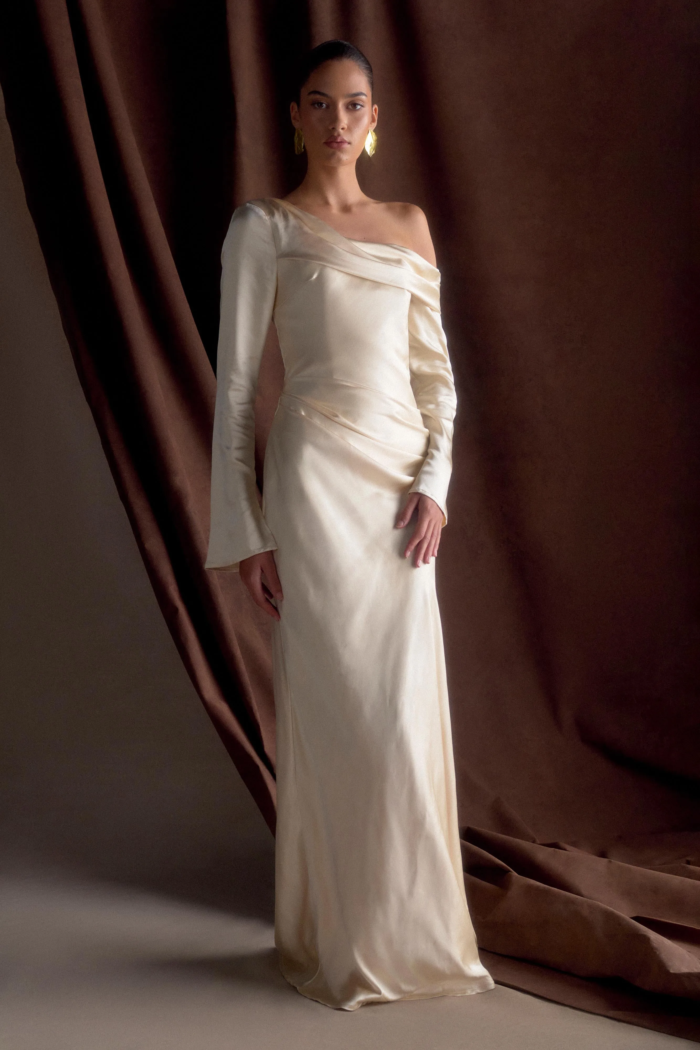 Iris Long Sleeve Satin Maxi Dress - Blush Gold Subtle tone Spring Ready