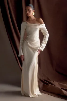 Soft Hue Iris Long Sleeve Satin Maxi Dress - Blush Gold