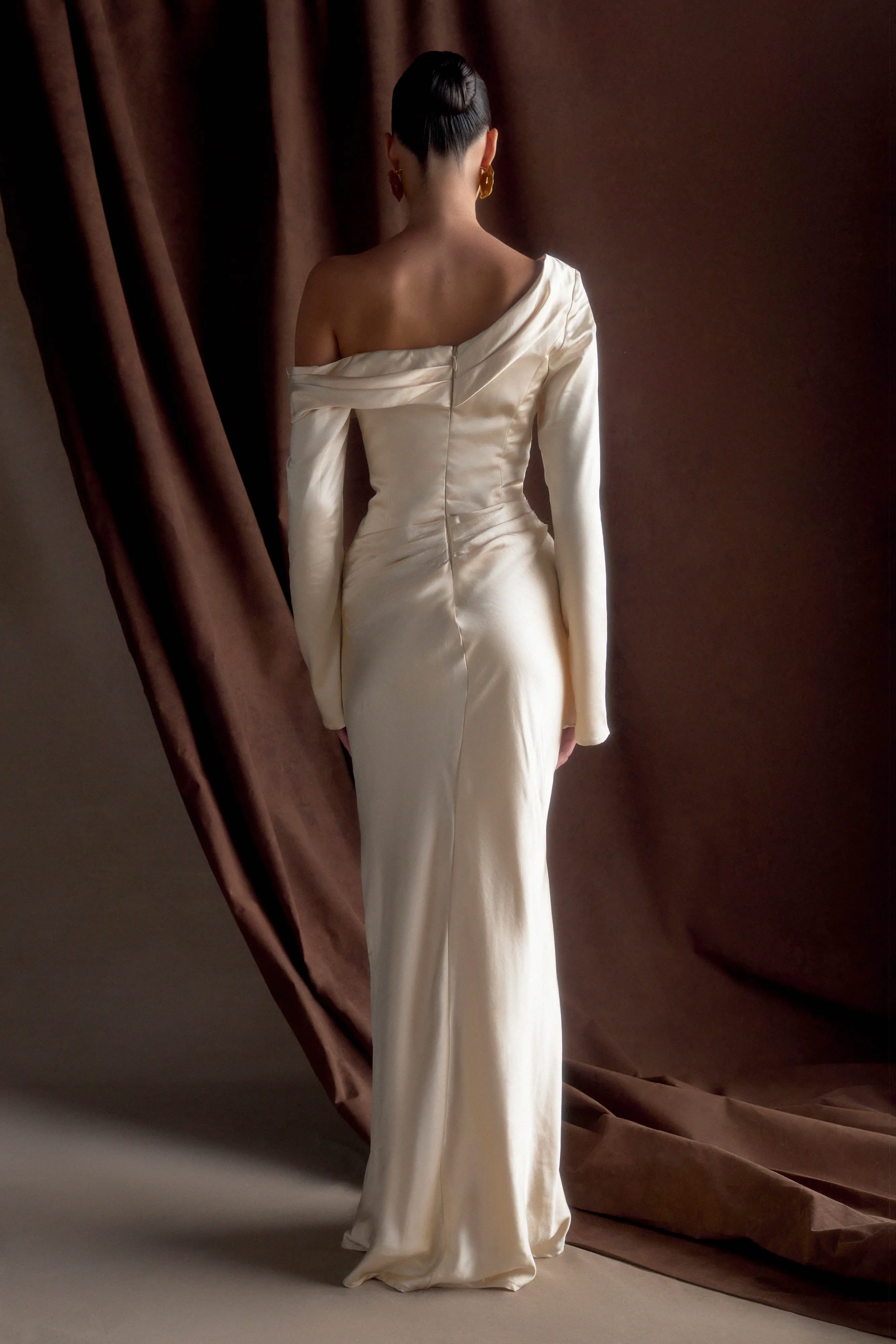 Elegant Style Pure Shape Iris Long Sleeve Satin Maxi Dress - Blush Gold