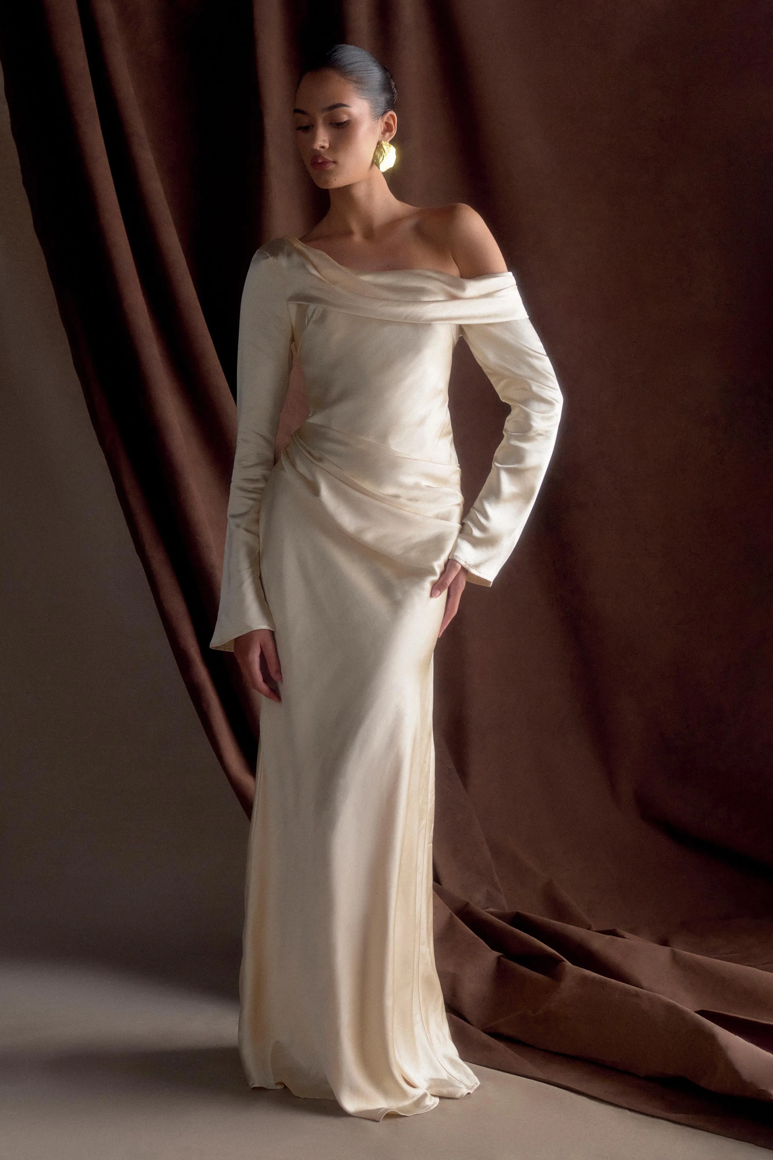 Soft Hue Iris Long Sleeve Satin Maxi Dress - Blush Gold