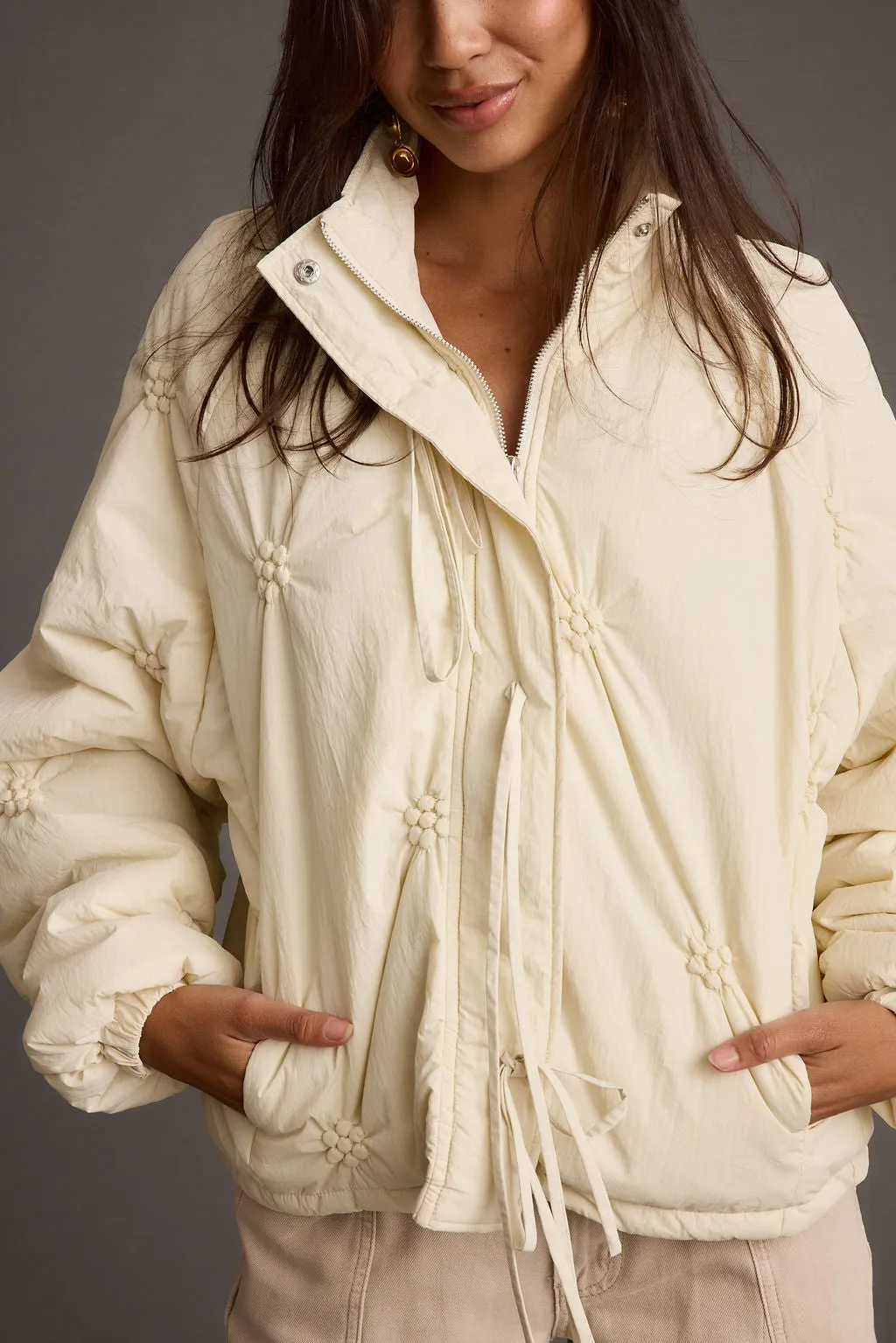 Rosey Cream Zip Front Puffer Coat WideNeckOpening