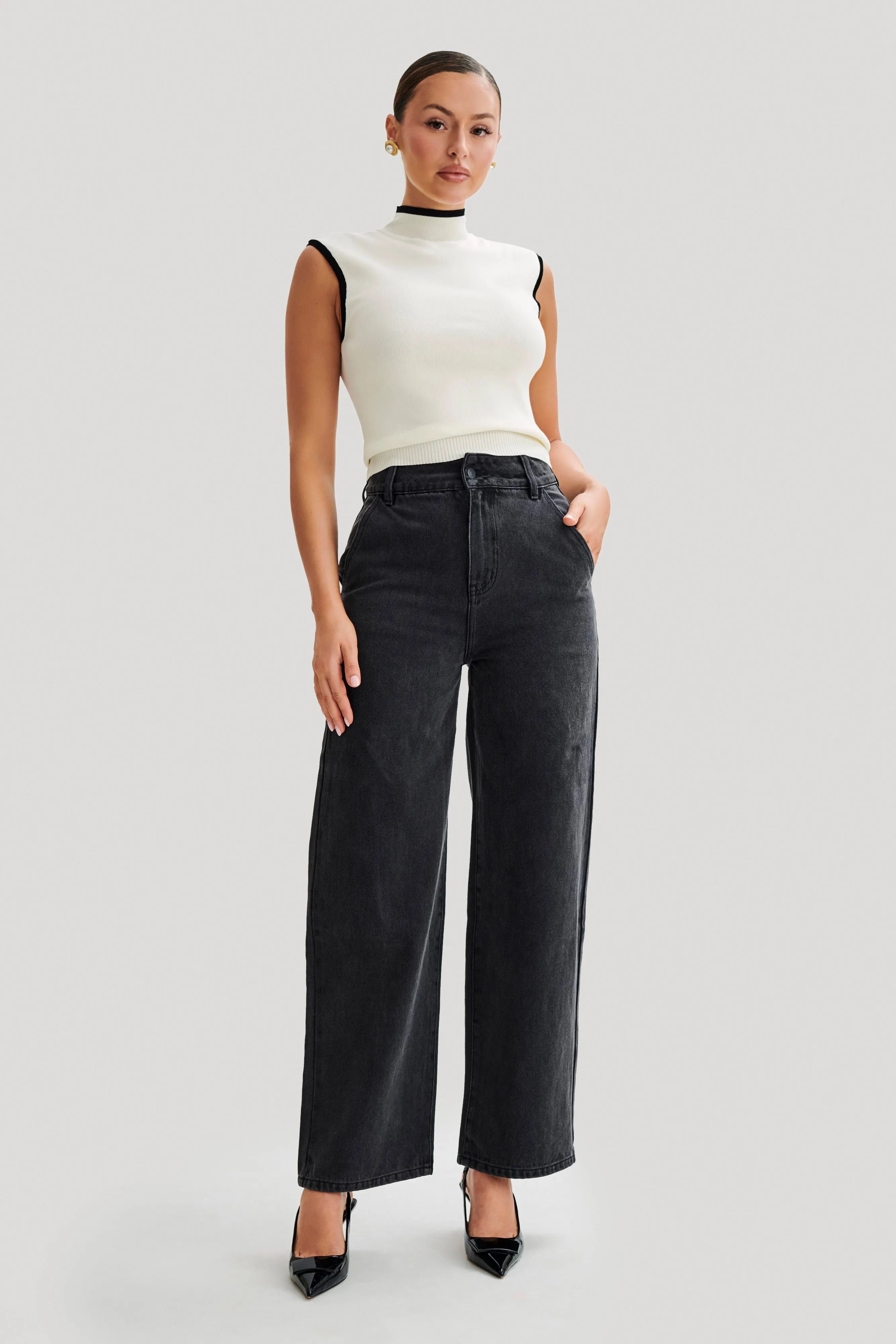 Water-resistant Roxy Wide Leg High Waist Denim Jeans - Washed Black
