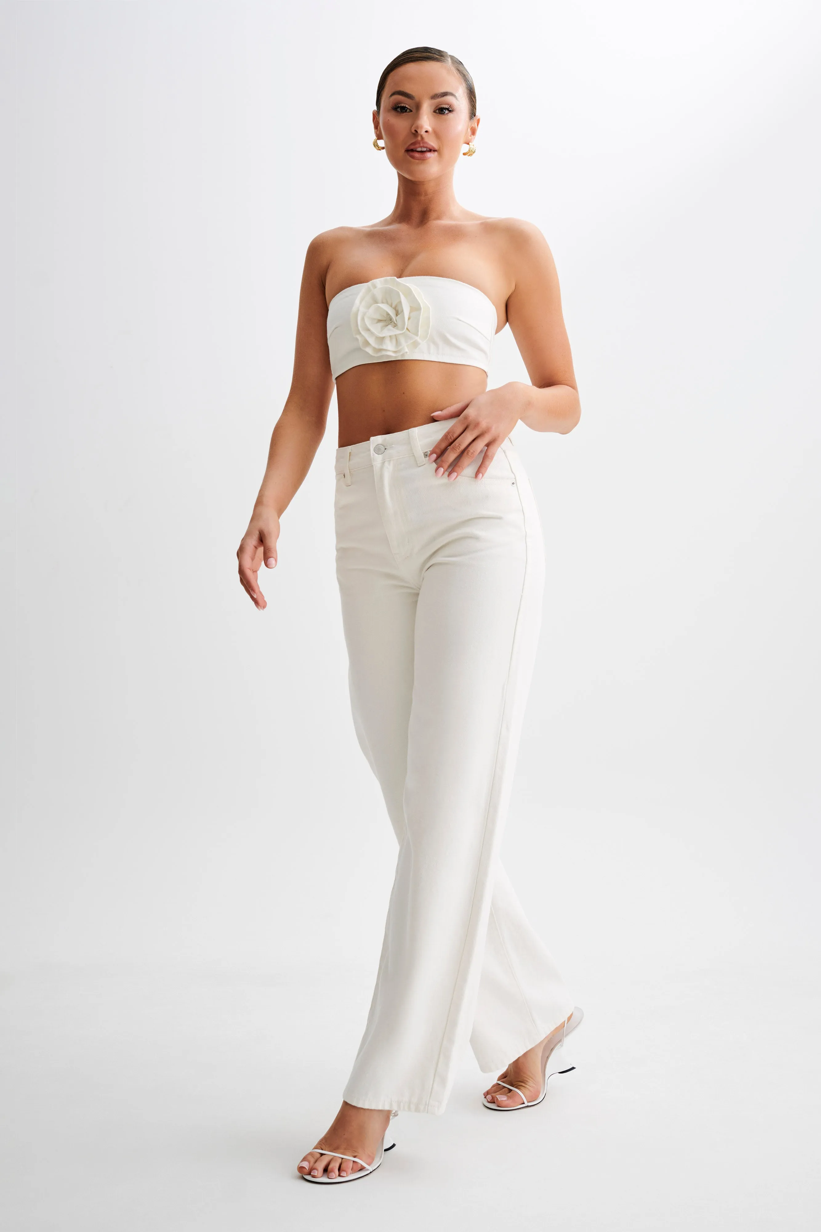 Roxy Wide Leg High Waist Denim Jeans - White Slim Look