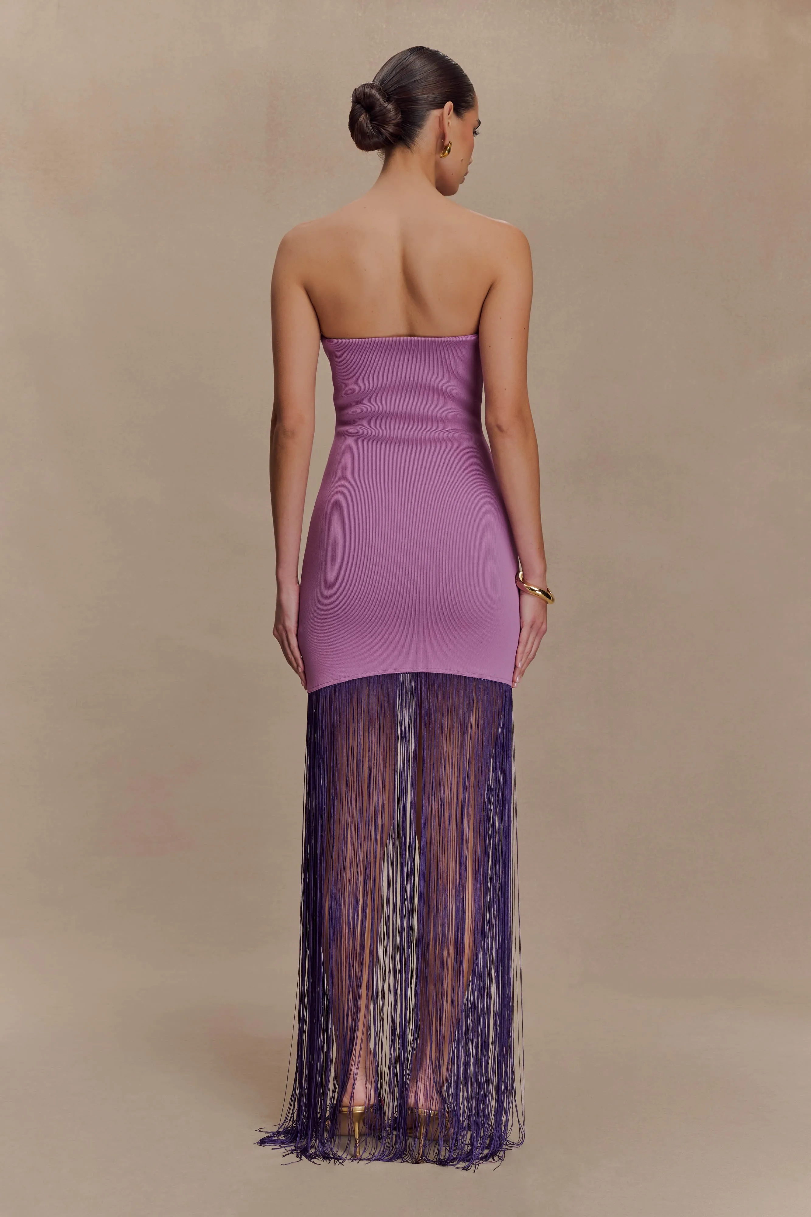 Belted-Style Cozy Tones Koah Fringe Bandage Knit Maxi Dress - Purple