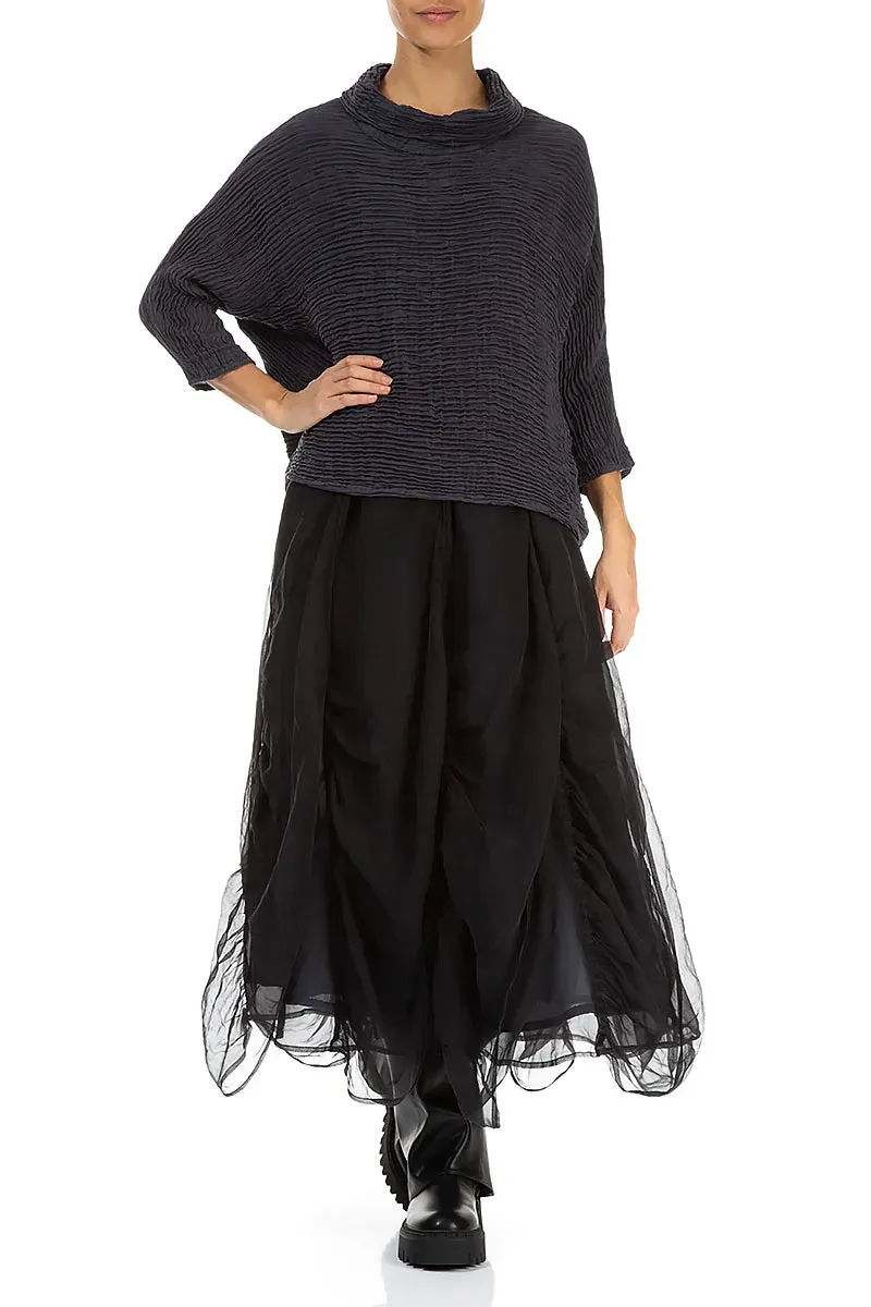 Classic Fit Abstract Motif Ruched Graphite Blue Silk Chiffon Skirt