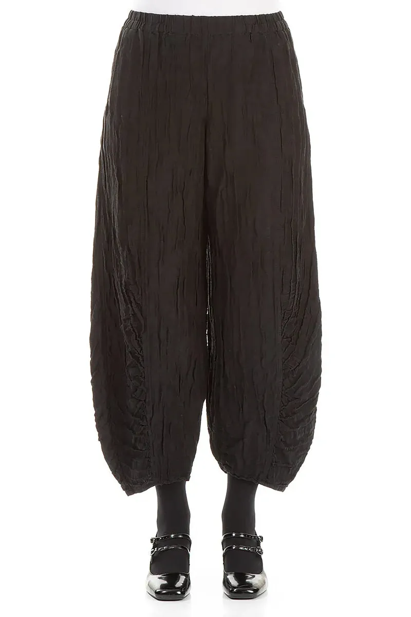 Ruched Hem Black Crinkled Silk Linen Trousers Chilly Weather Comfort Chic Vibe