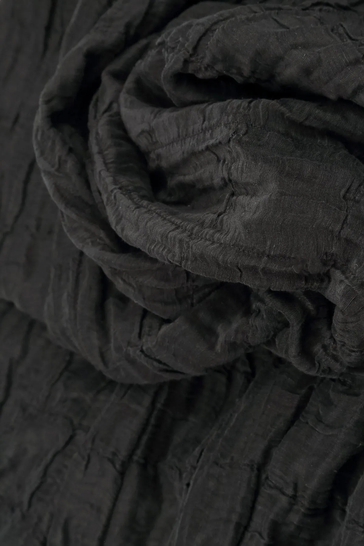 Ruched Hem Black Crinkled Silk Linen Trousers LowProfileTopstitching