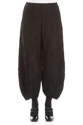 Ruched Hem Black Crinkled Silk Linen Trousers Chilly Weather Comfort Chic Vibe