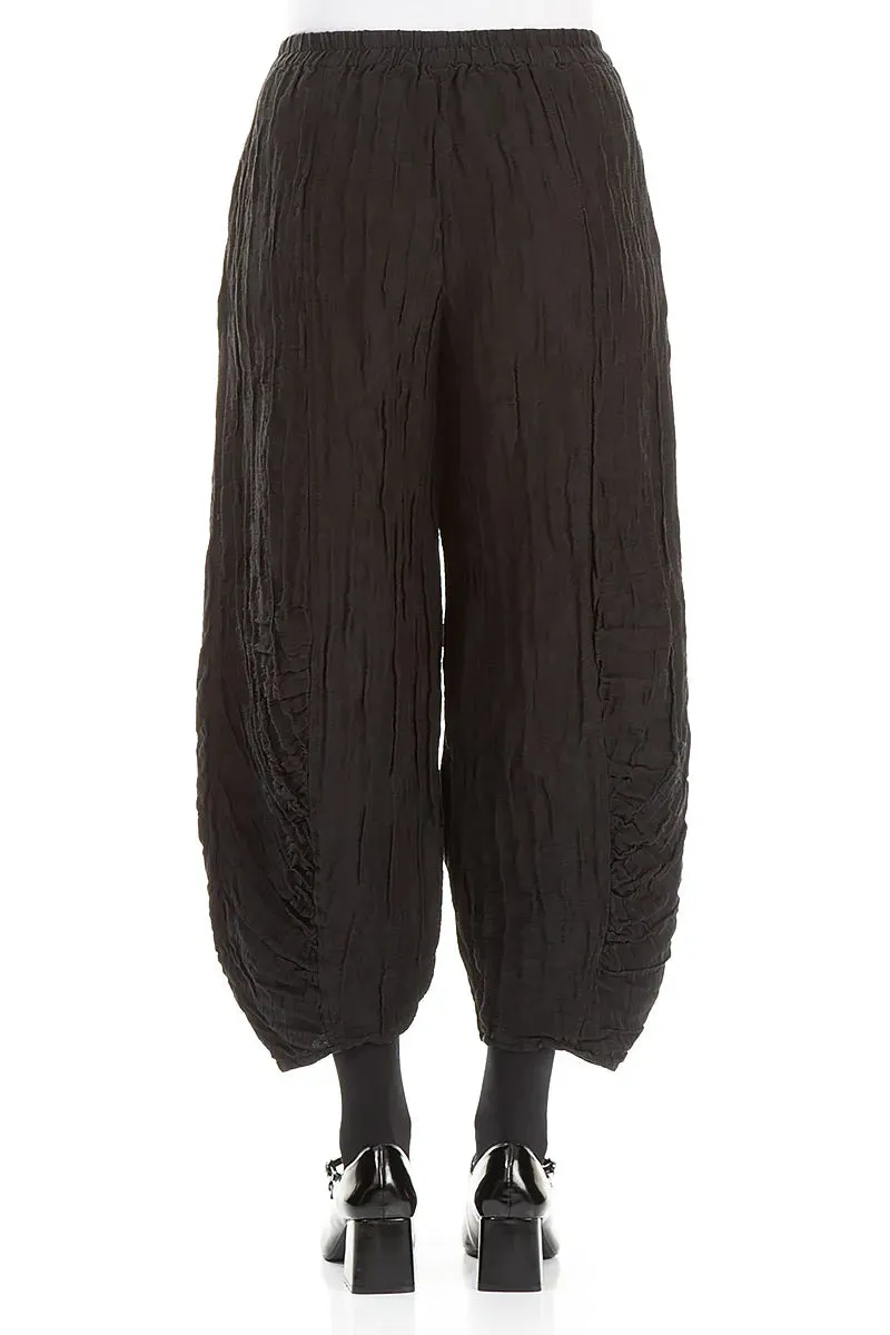 Ruched Hem Black Crinkled Silk Linen Trousers Anti Pilling Fabric Chilly Day Ready