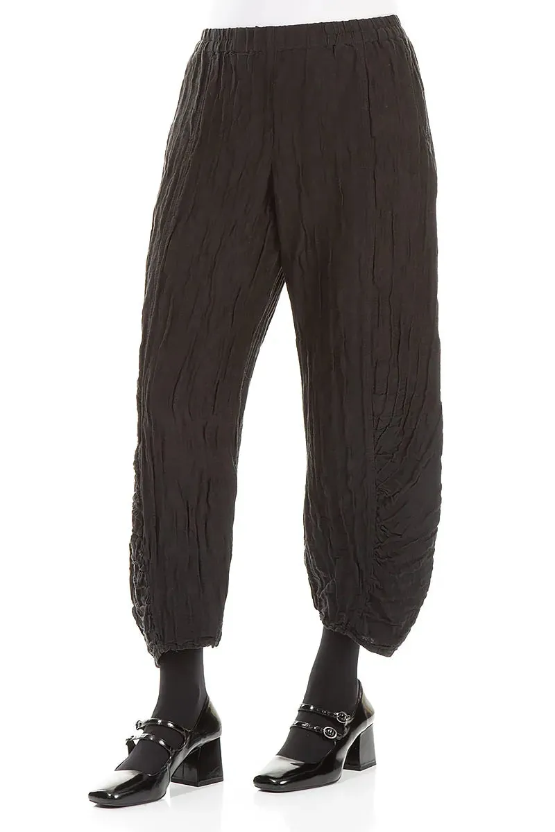 Ruched Hem Black Crinkled Silk Linen Trousers Perfect Design