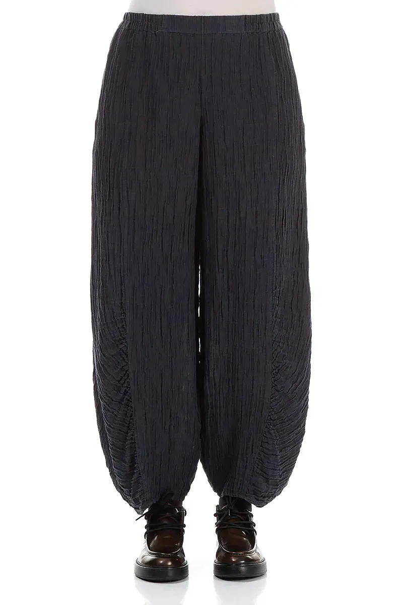Ruched Hem Graphite Blue Crinkled Silk Linen Trousers Quality Fabric Soft Structure